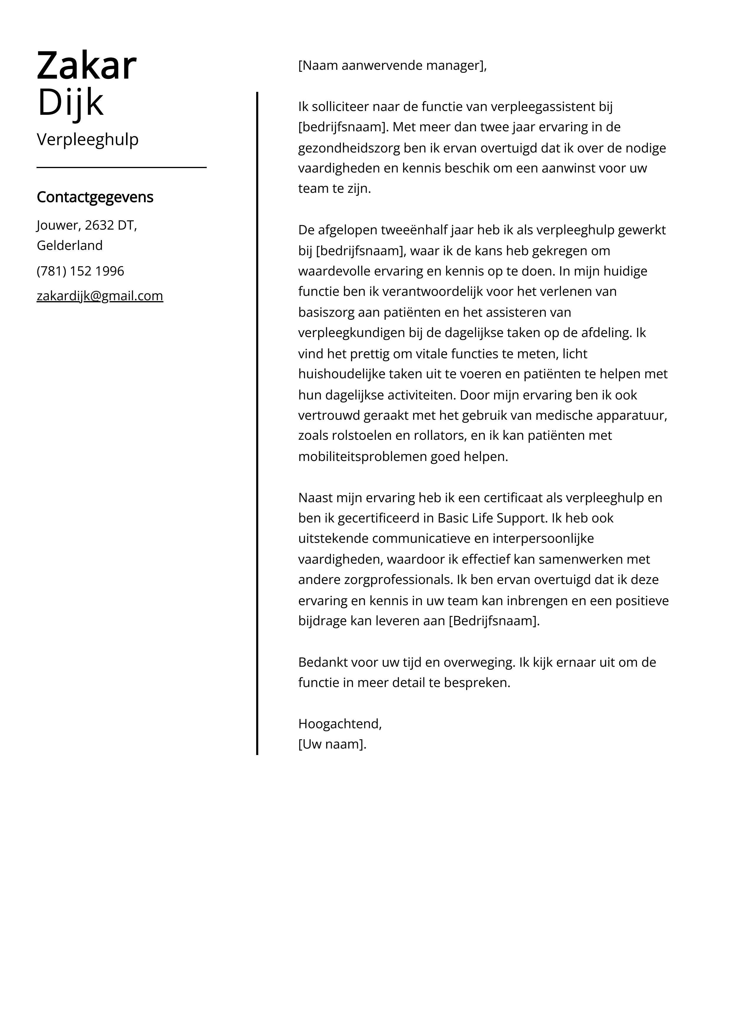 Verpleeghulp Sollicitatiebrief Voorbeeld