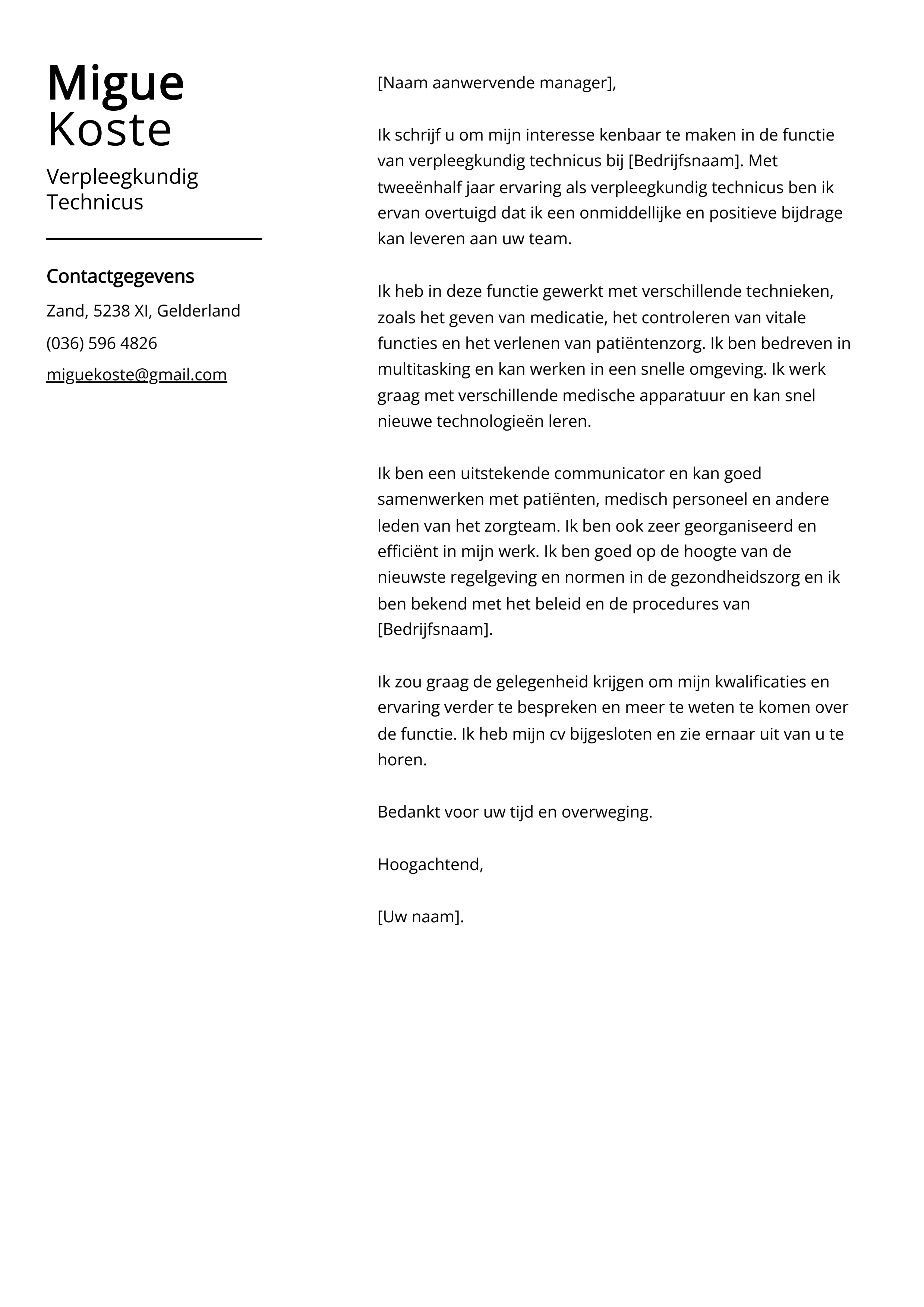 Verpleegkundig Technicus Sollicitatiebrief Voorbeeld