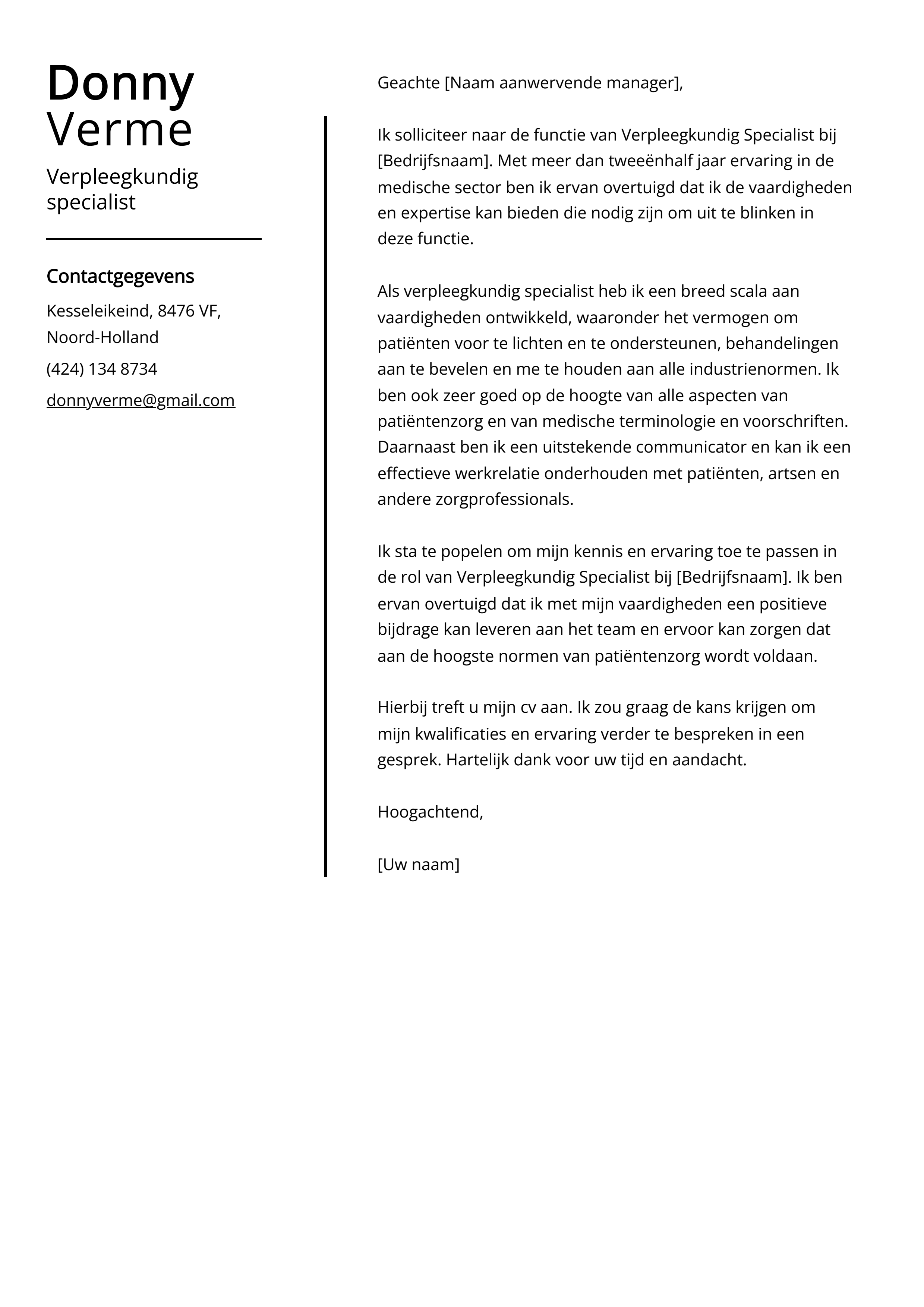 Verpleegkundig specialist Voorbeeld sollicitatiebrief