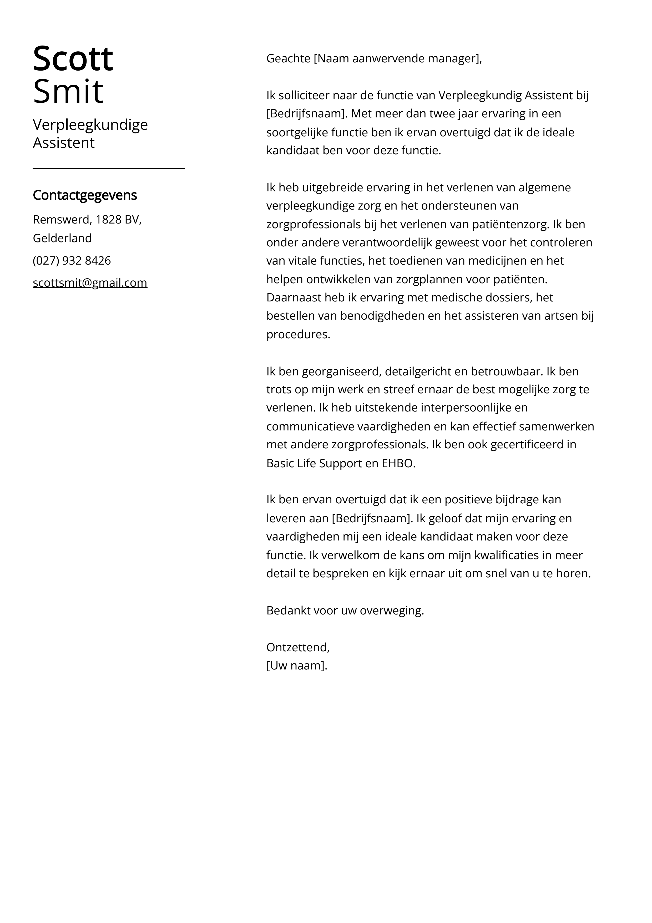 Verpleegkundige Assistent Sollicitatiebrief Voorbeeld