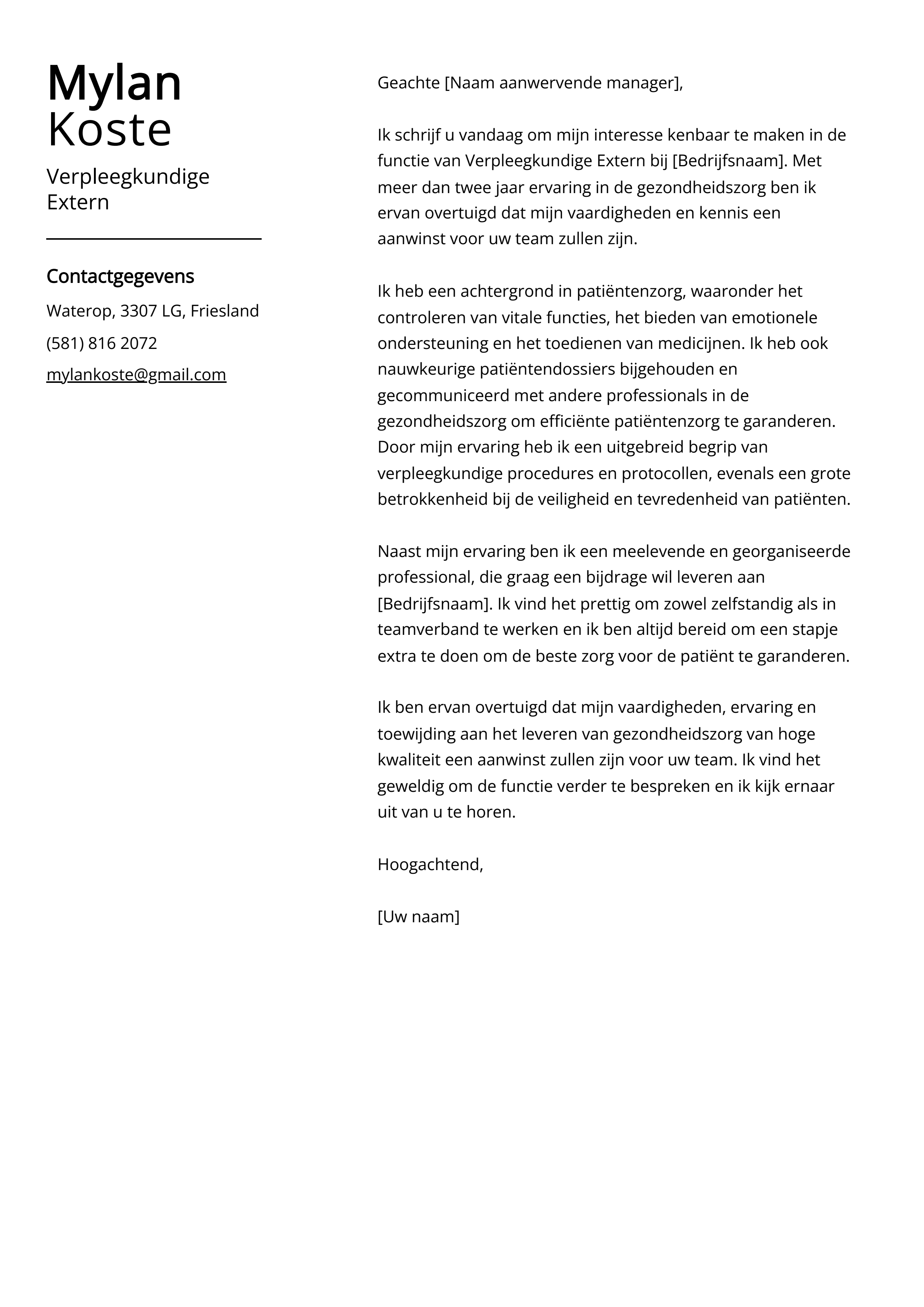 Verpleegkundige Extern Sollicitatiebrief Voorbeeld