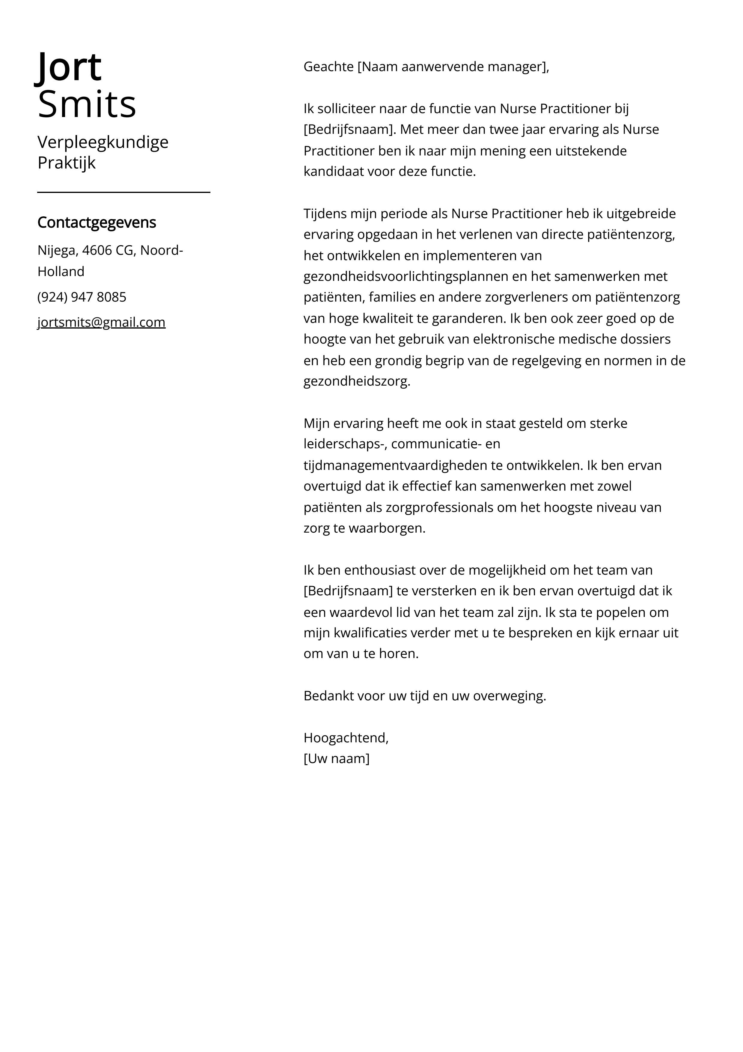 Verpleegkundige Praktijk Voorbeeld Cover Letter