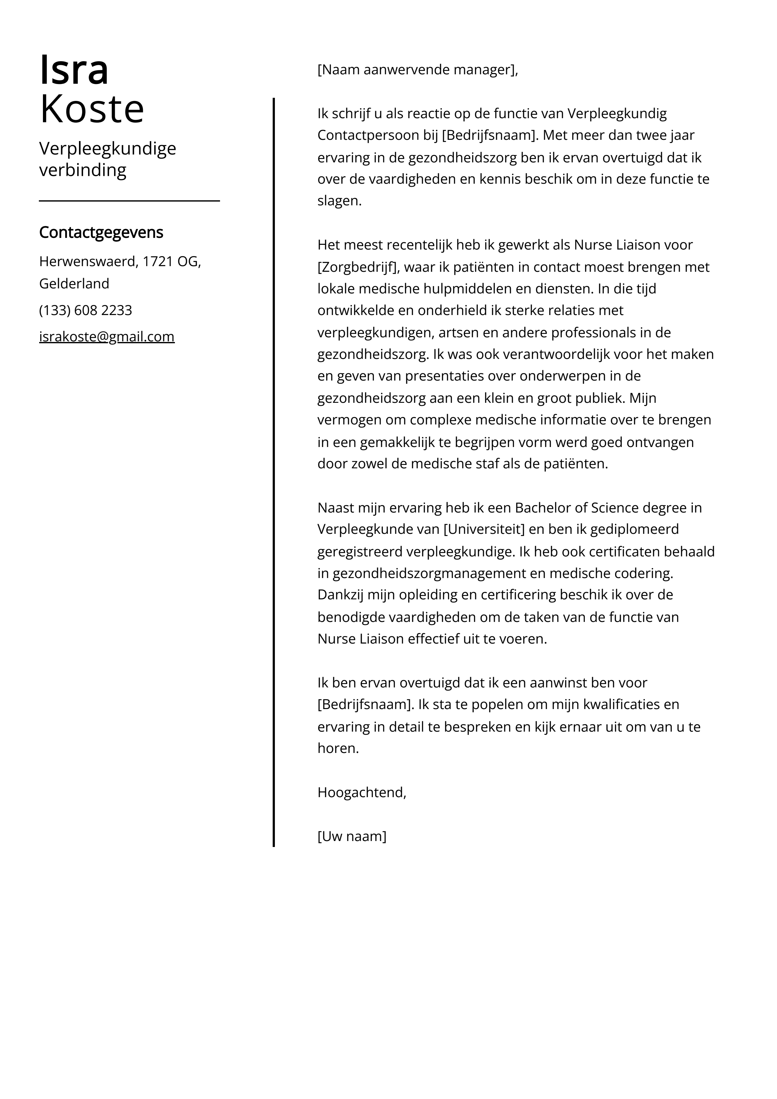 Verpleegkundige verbinding Voorbeeld sollicitatiebrief