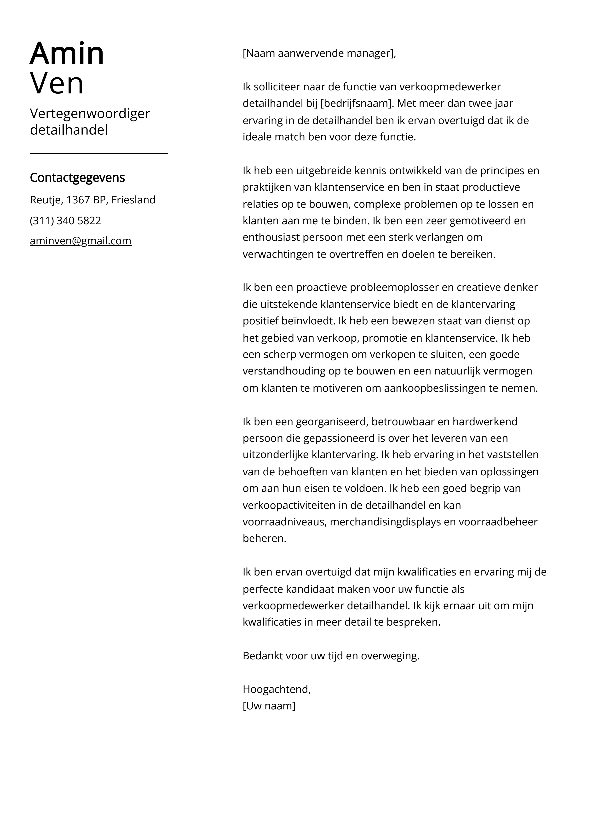 Vertegenwoordiger detailhandel Voorbeeld sollicitatiebrief