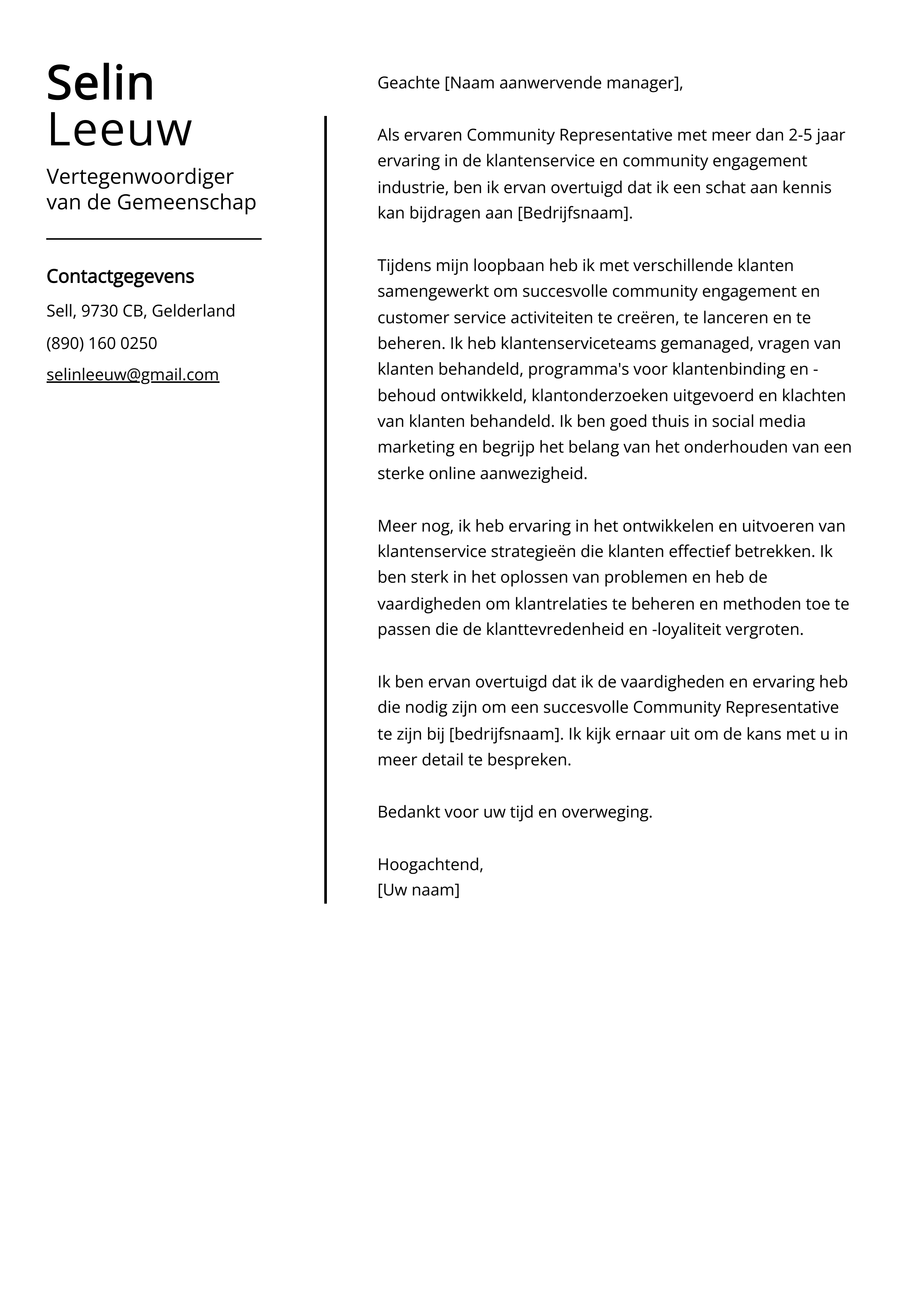 Vertegenwoordiger van de Gemeenschap Voorbeeld sollicitatiebrief