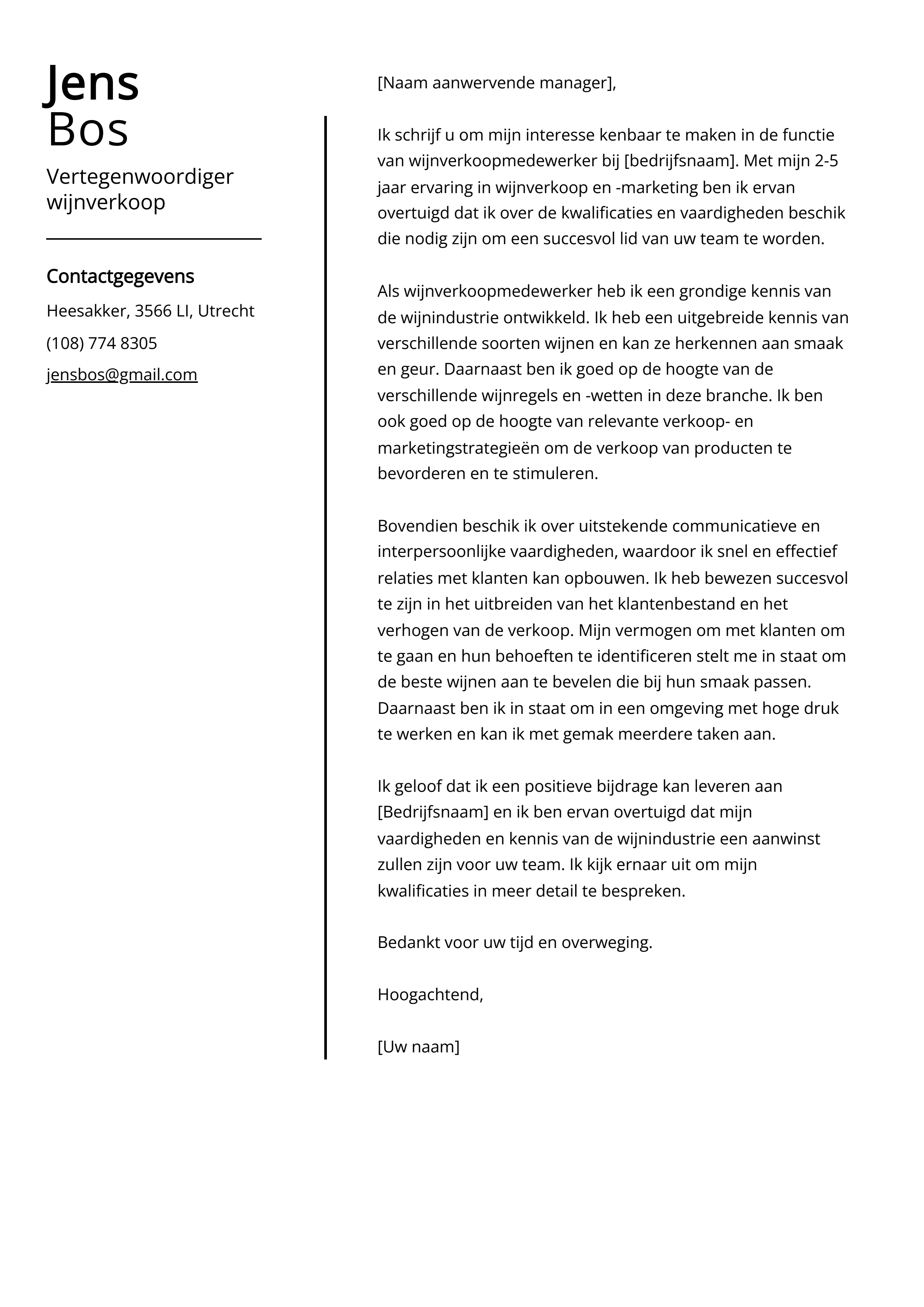 Vertegenwoordiger wijnverkoop Cover Letter Voorbeeld