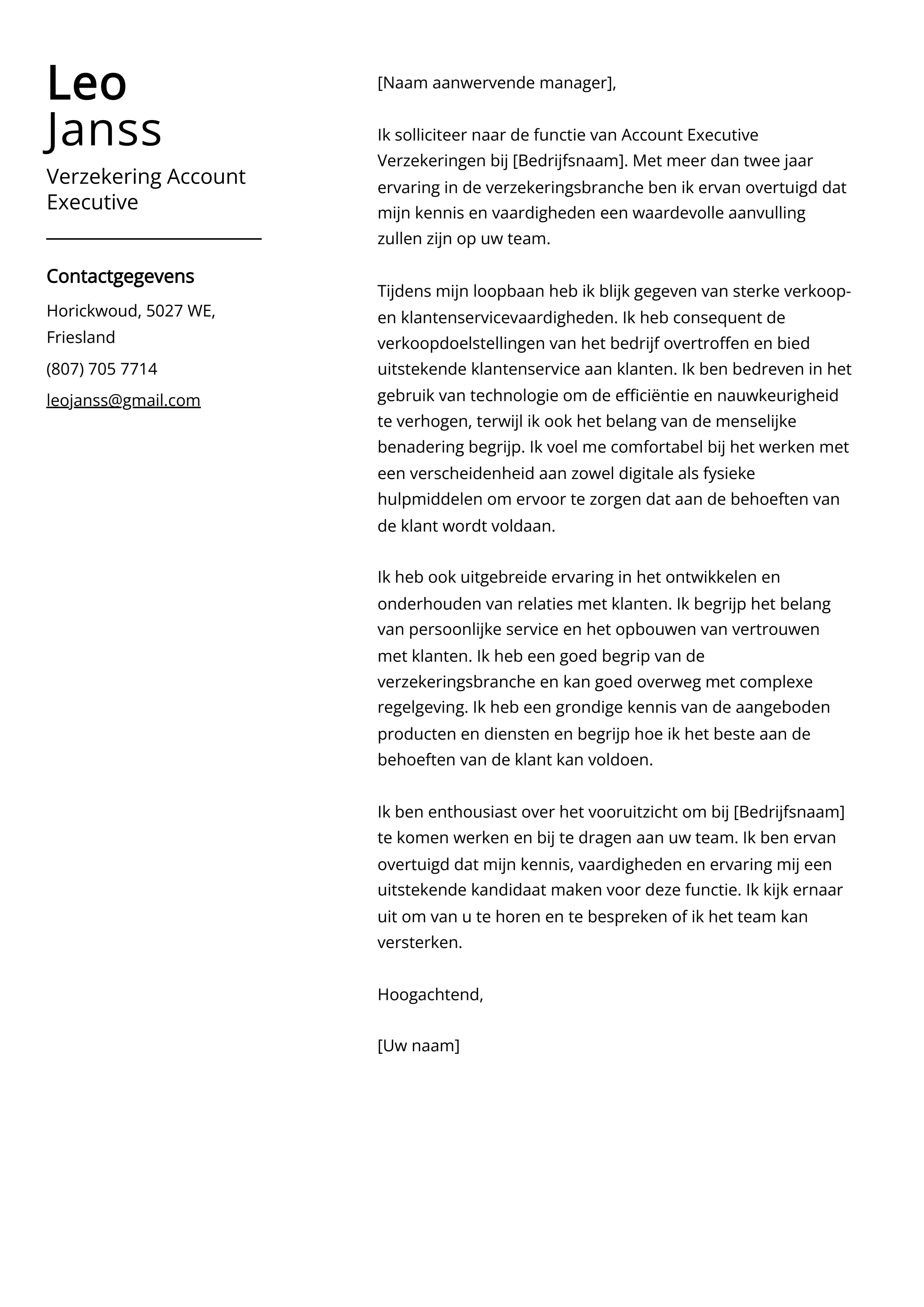 Verzekering Account Executive Cover Letter Voorbeeld