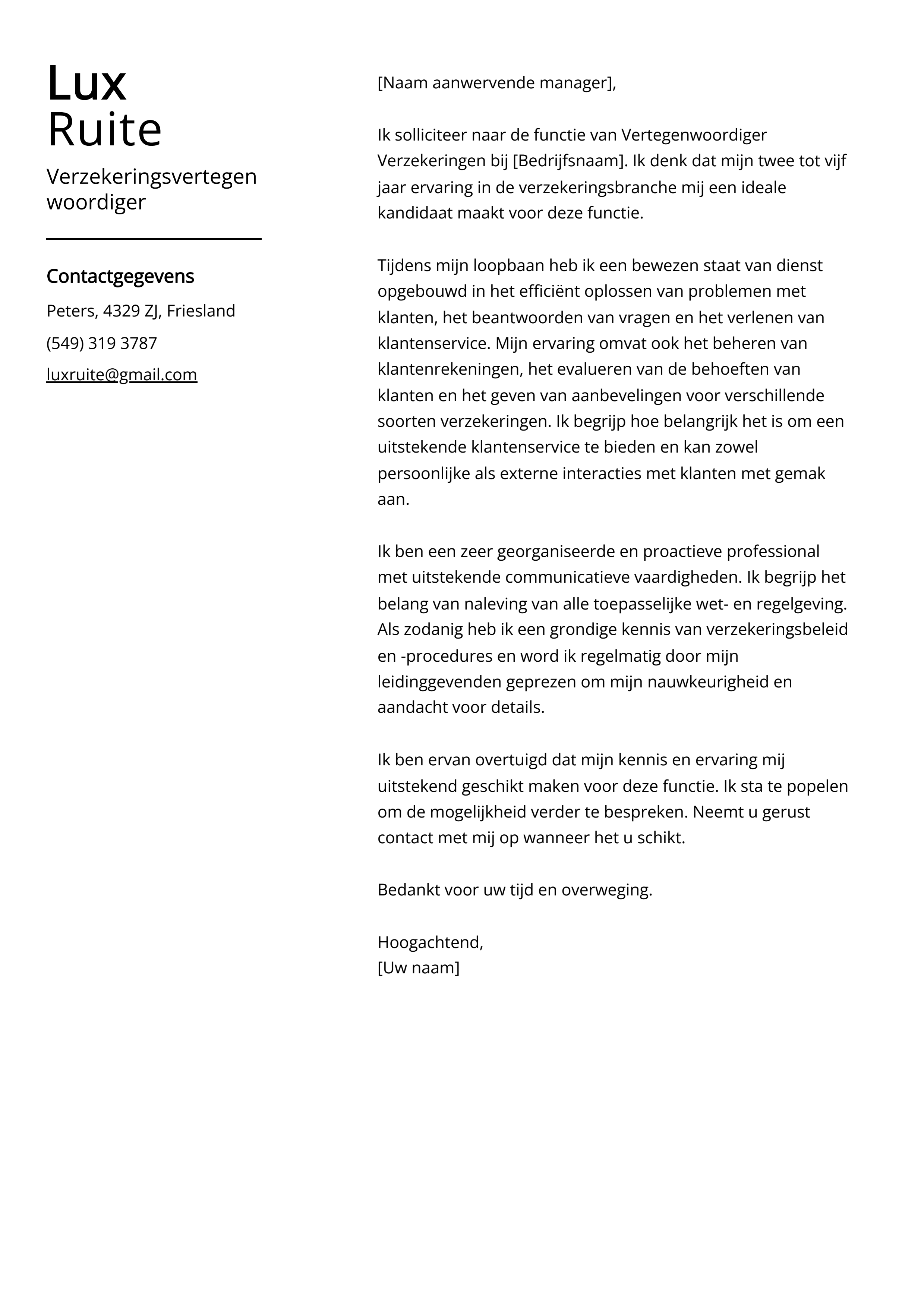 Verzekeringsvertegenwoordiger Voorbeeld sollicitatiebrief