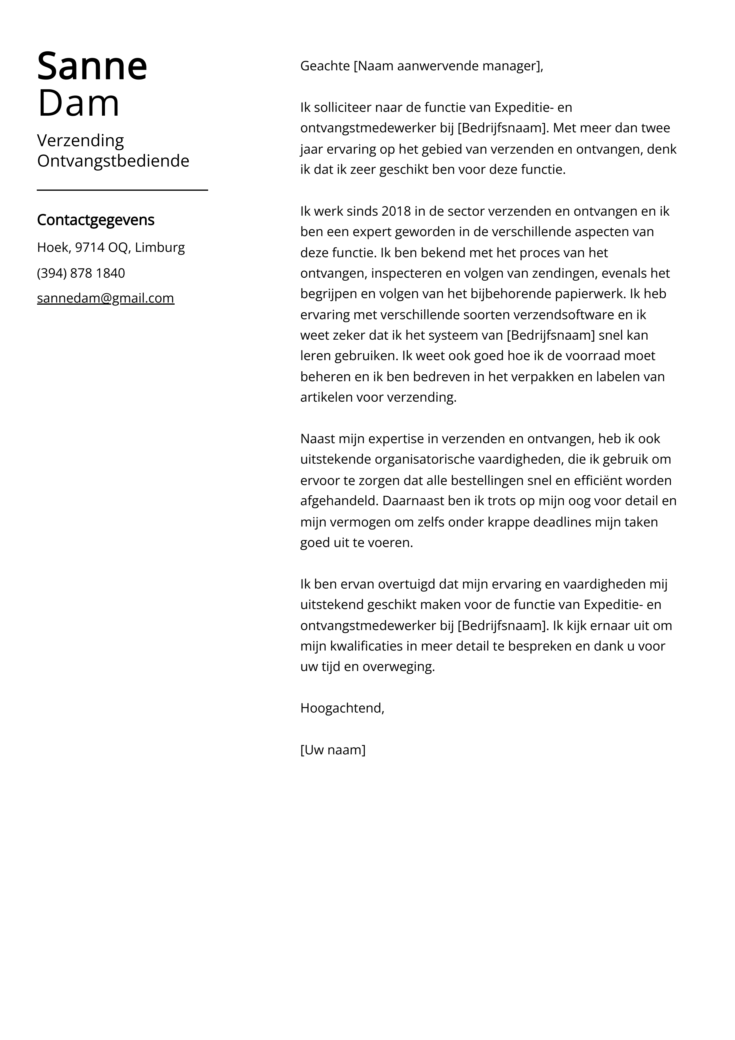 Verzending Ontvangstbediende Cover Letter Voorbeeld