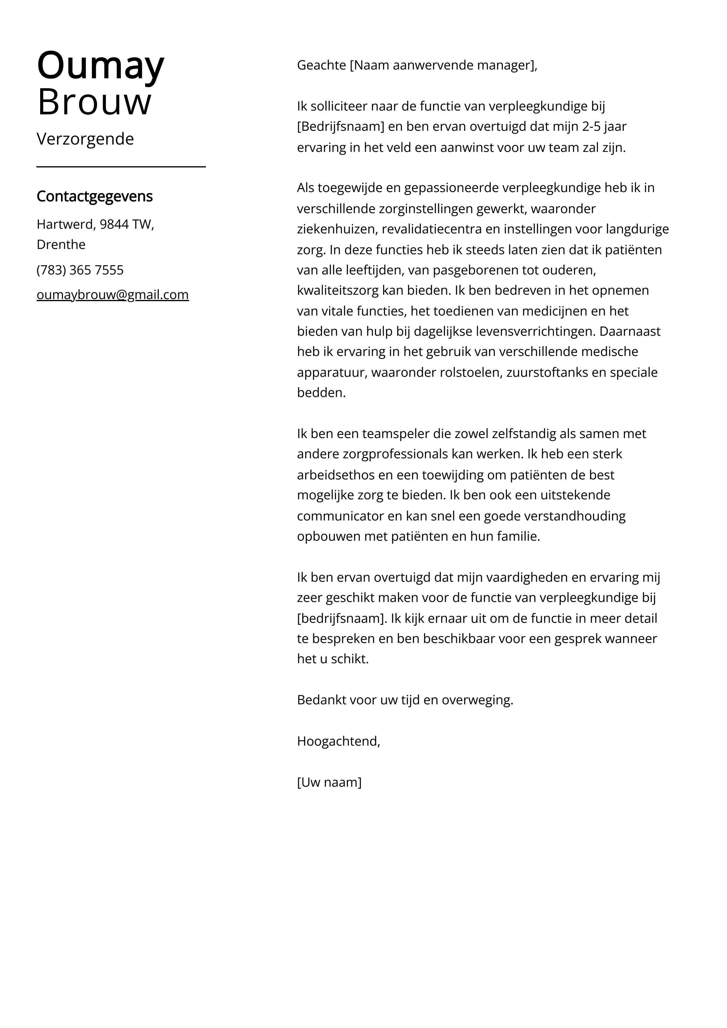 Verzorgende sollicitatiebrief voorbeeld