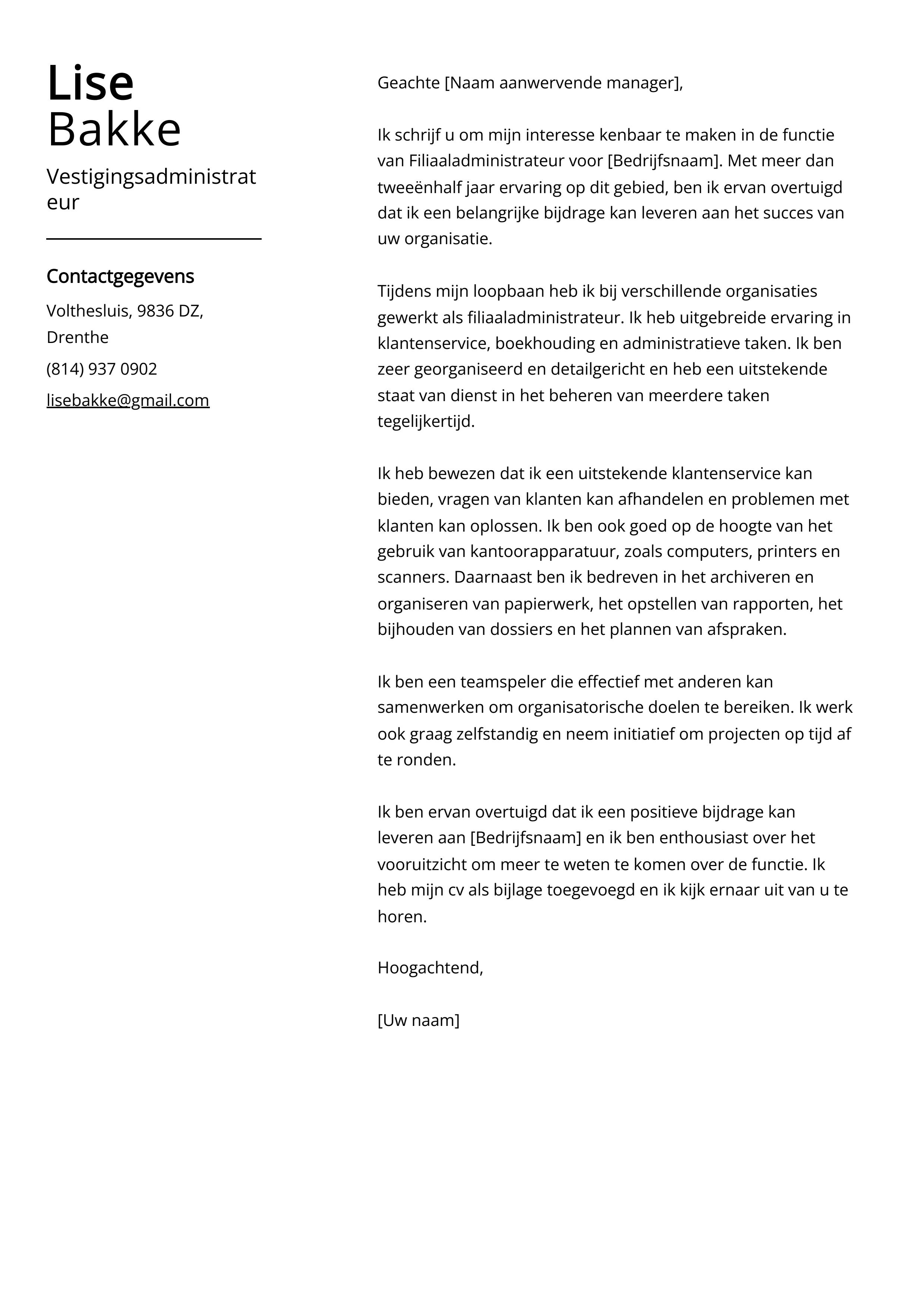 Vestigingsadministrateur Voorbeeld sollicitatiebrief