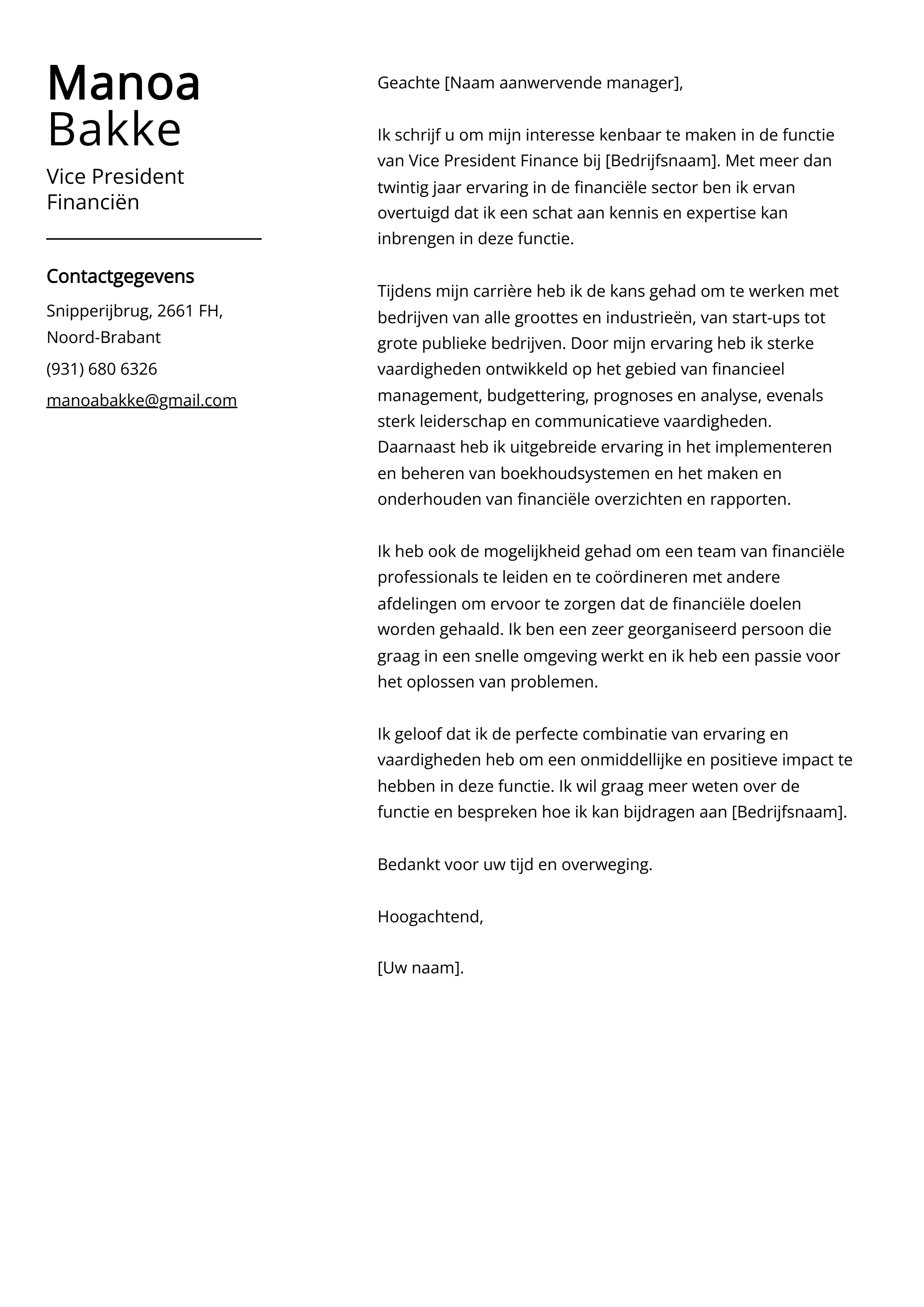 Vice President Financiën Sollicitatiebrief Voorbeeld