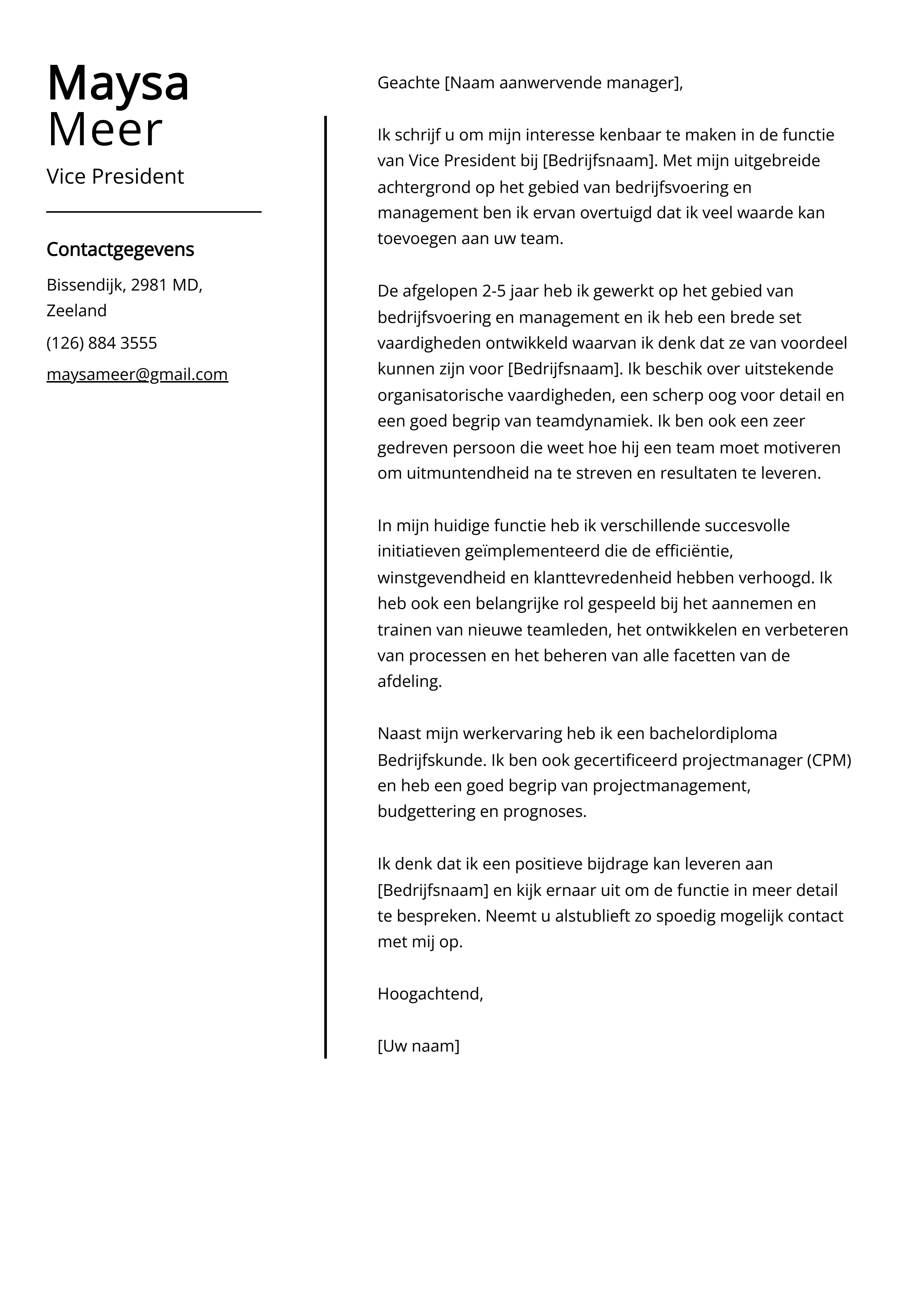 Vice President Voorbeeld sollicitatiebrief