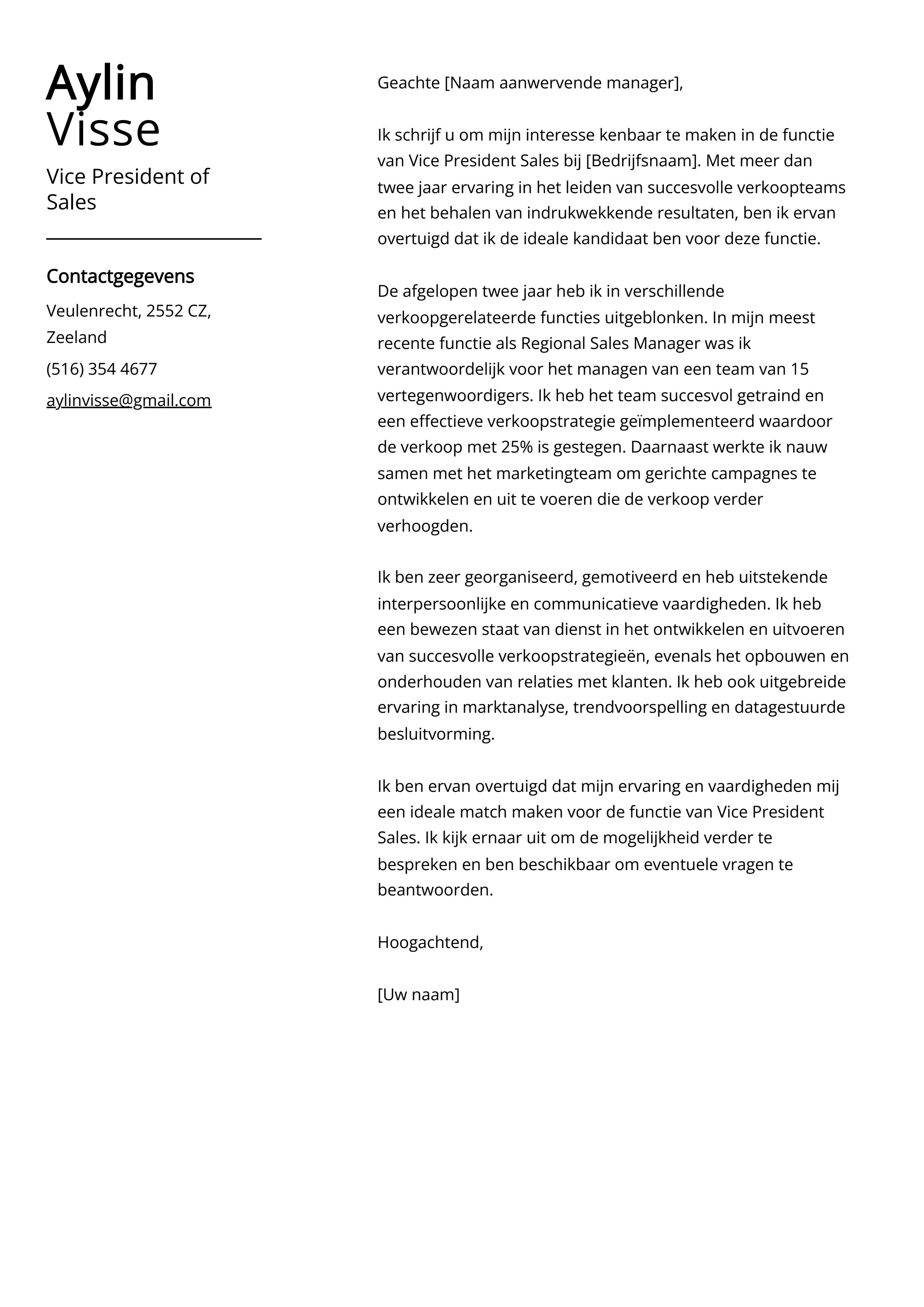 Voorbeeld van een sollicitatiebrief voor Vice President Sales