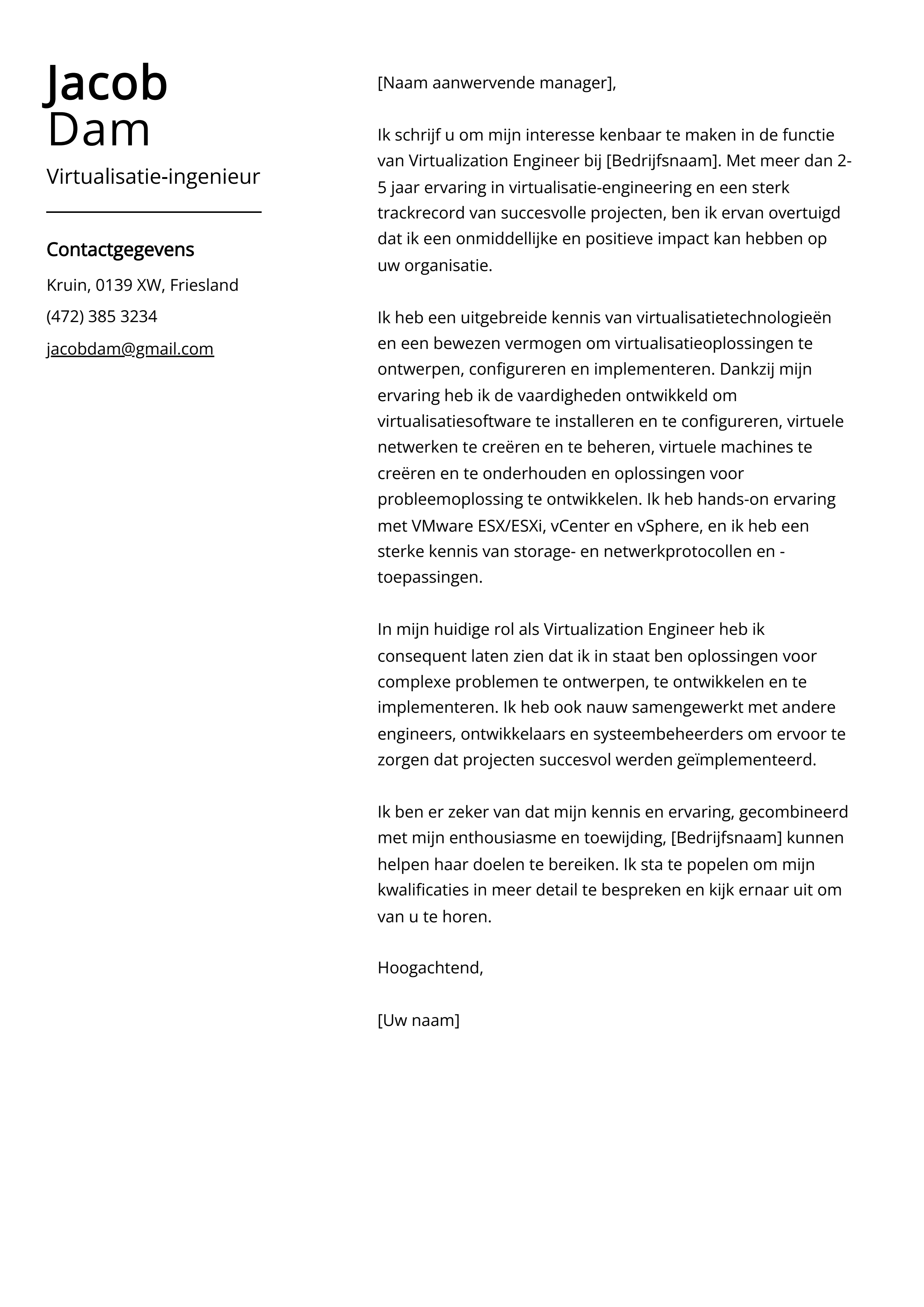 Virtualisatie-ingenieur Sollicitatiebrief Voorbeeld