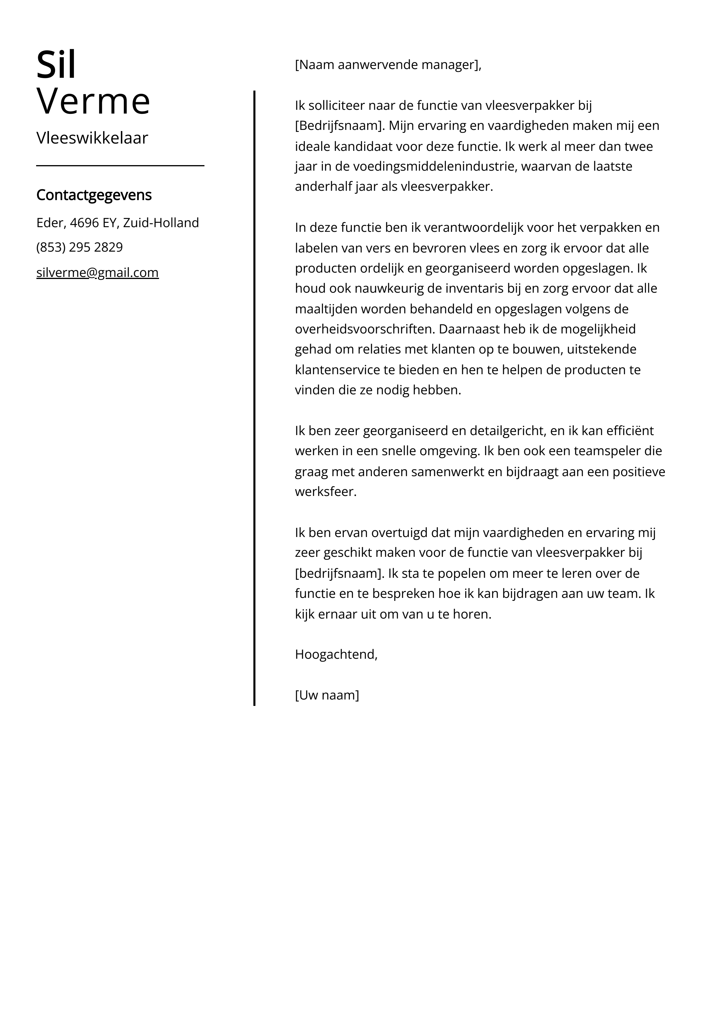 Vleeswikkelaar Sollicitatiebrief Voorbeeld