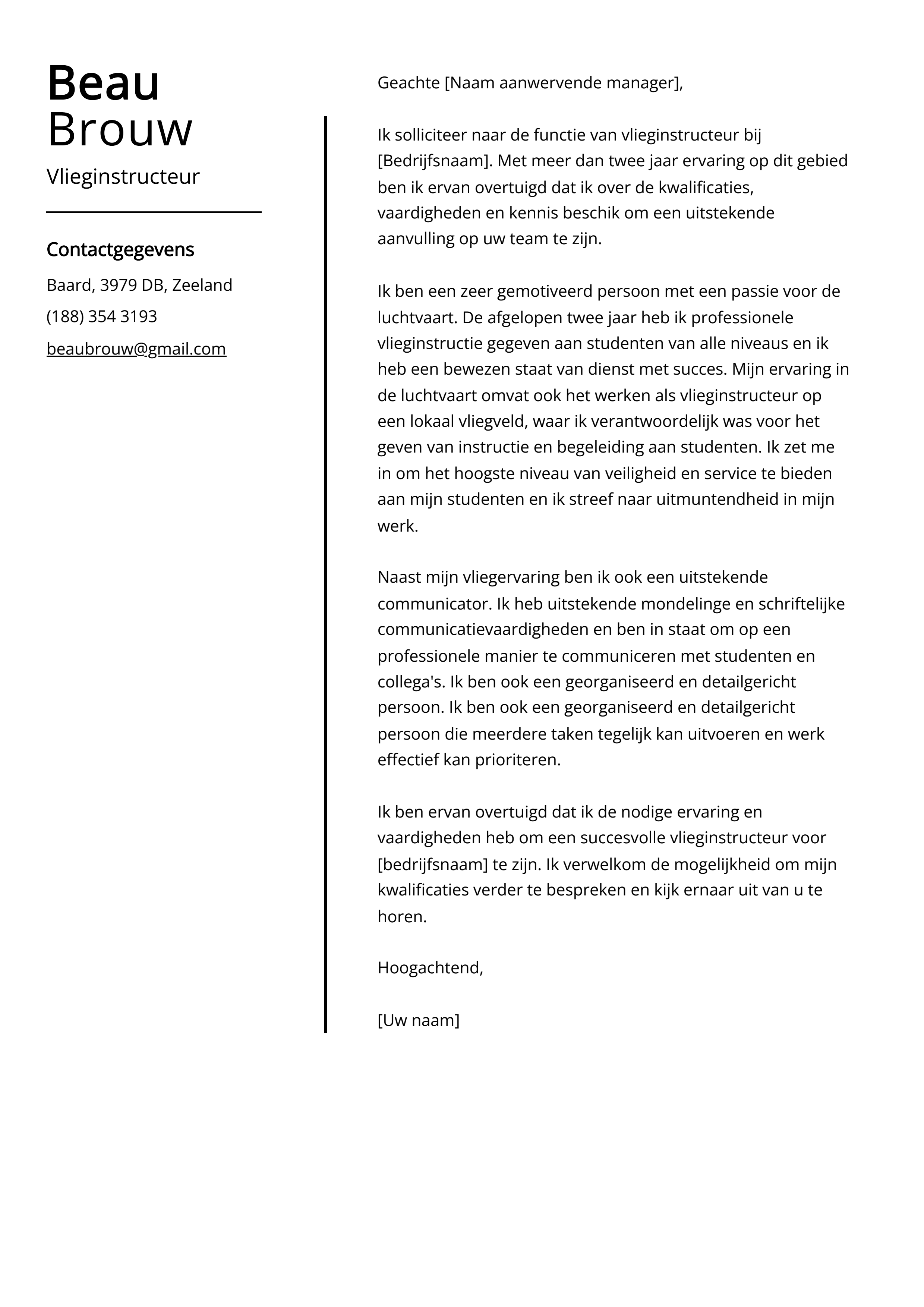 Vlieginstructeur Sollicitatiebrief Voorbeeld