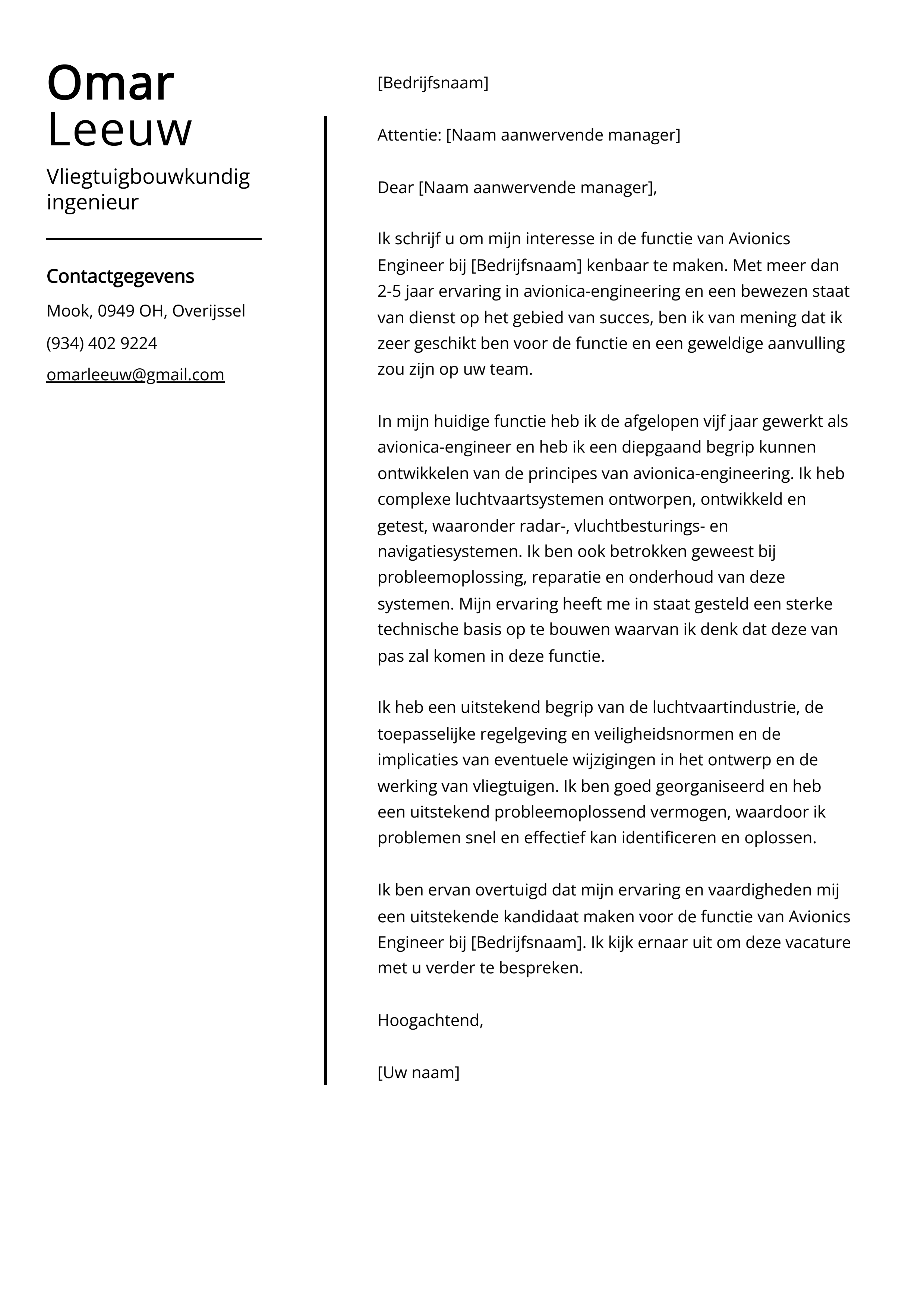 Vliegtuigbouwkundig ingenieur Voorbeeld sollicitatiebrief