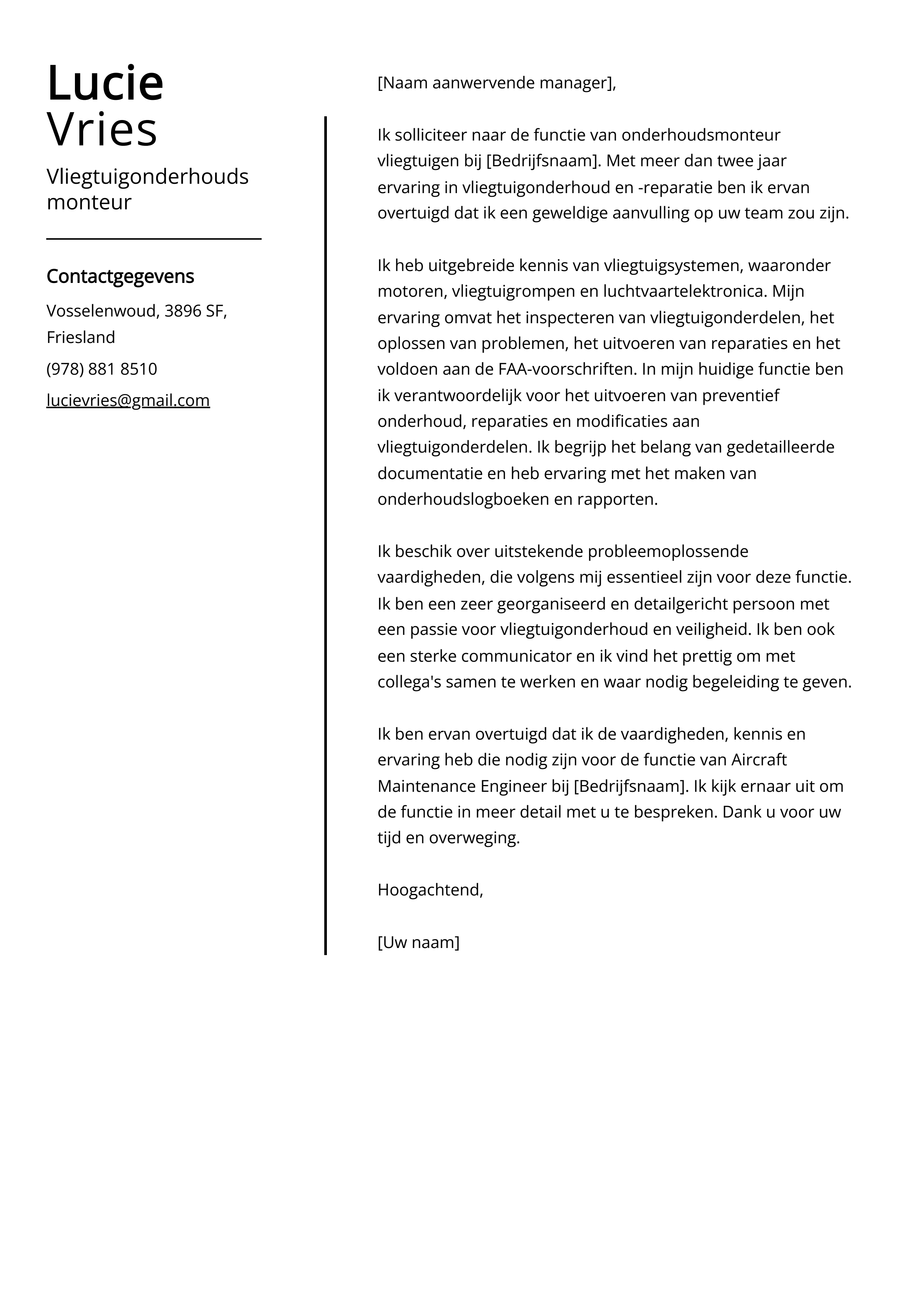 Vliegtuigonderhoudsmonteur Voorbeeld sollicitatiebrief