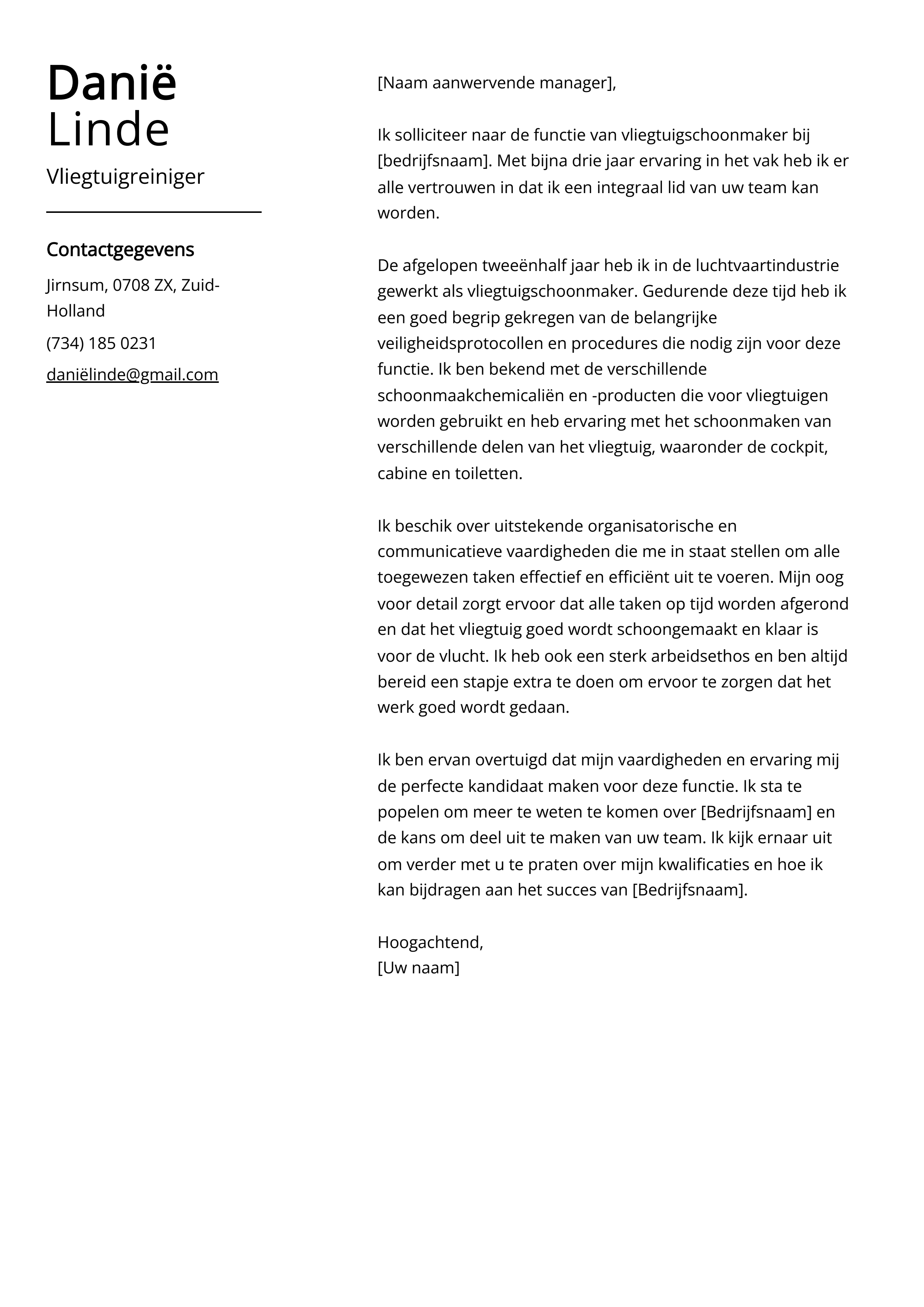 Vliegtuigreiniger Sollicitatiebrief Voorbeeld