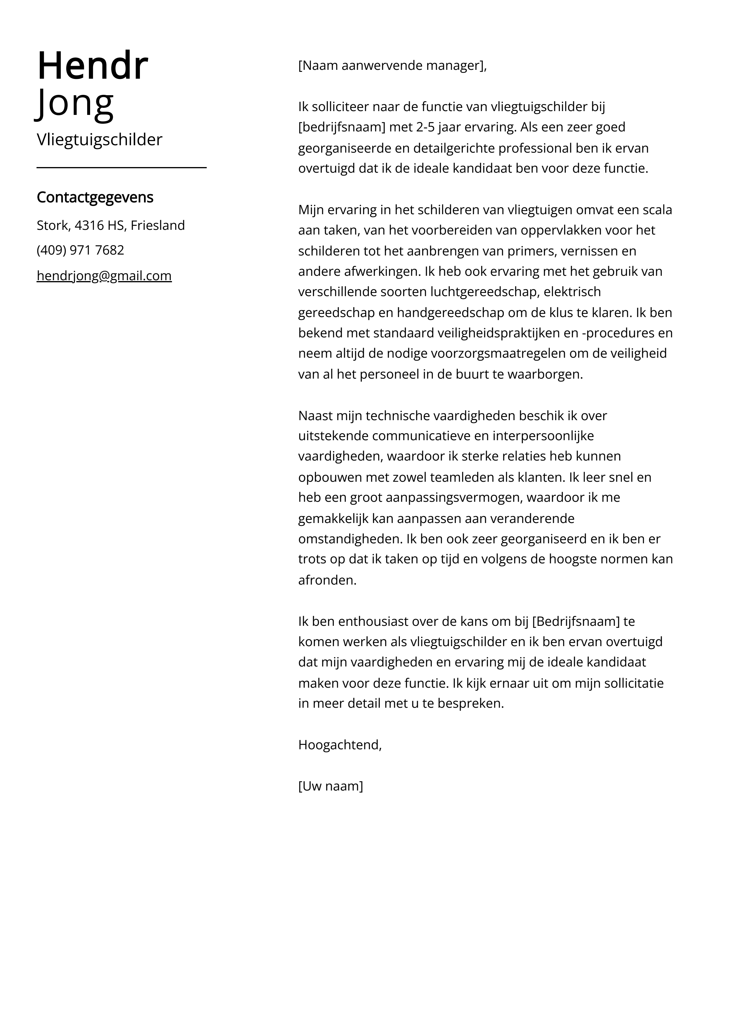 Vliegtuigschilder Sollicitatiebrief Voorbeeld