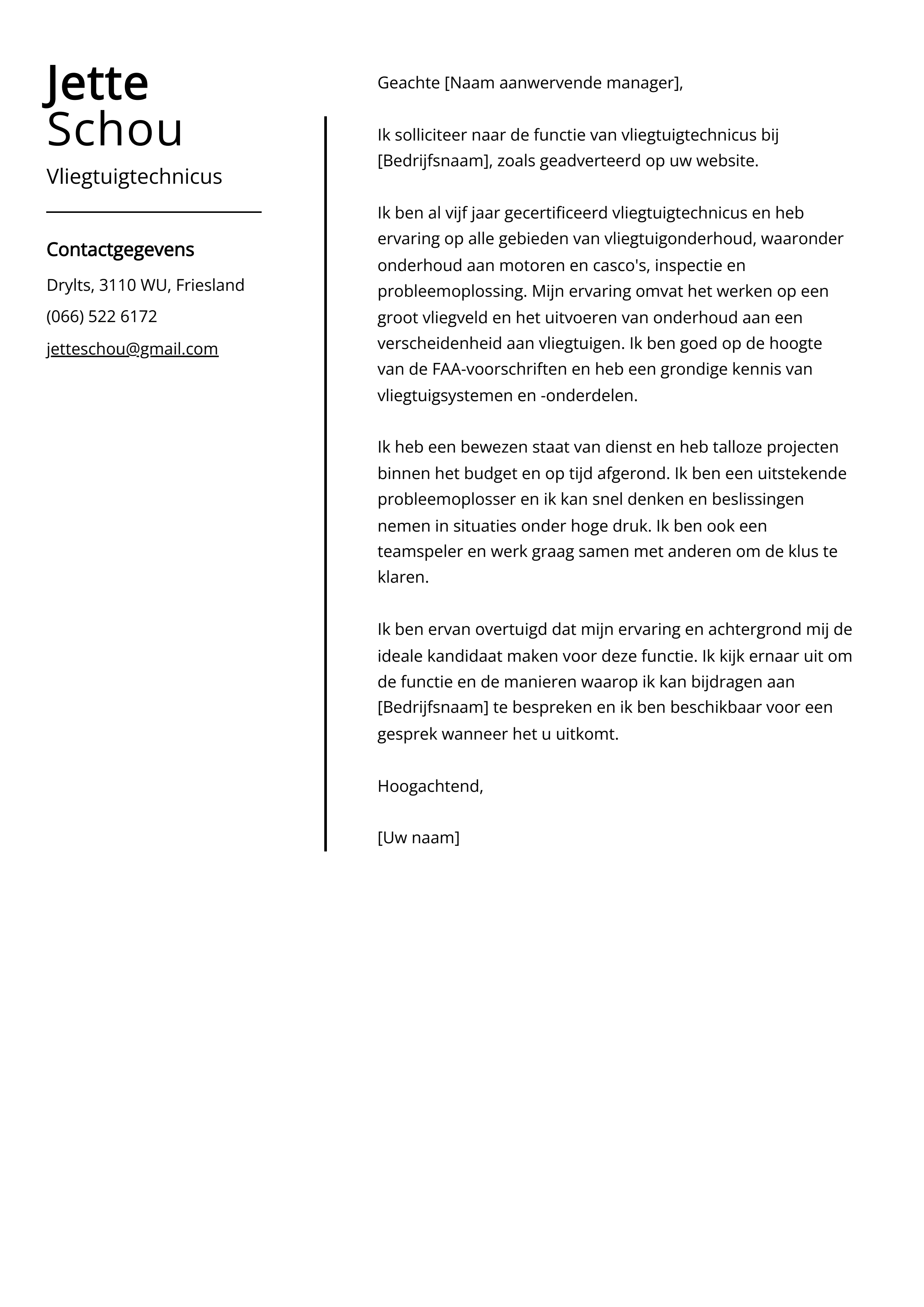 Vliegtuigtechnicus Voorbeeld sollicitatiebrief