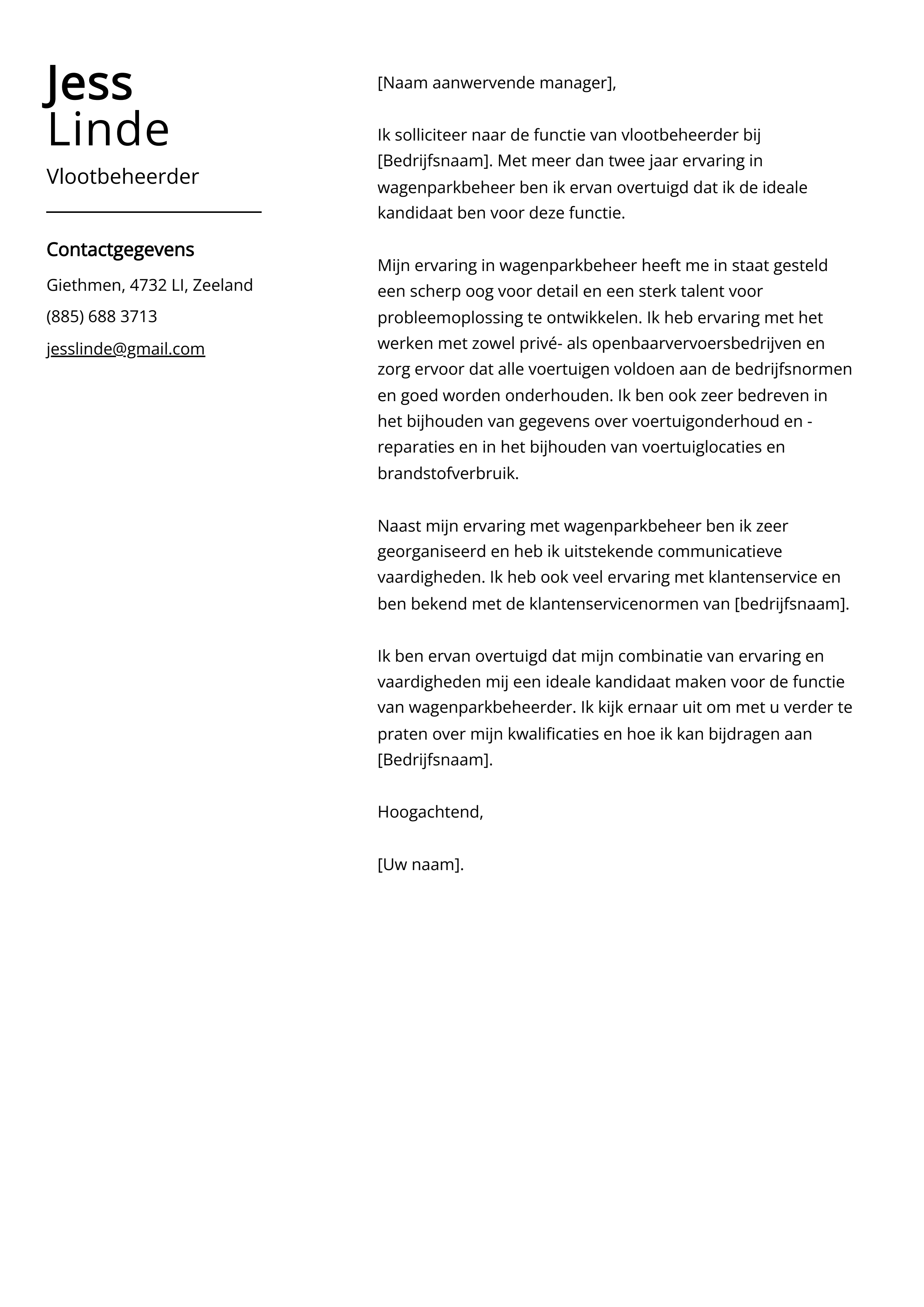 Vlootbeheerder sollicitatiebrief voorbeeld