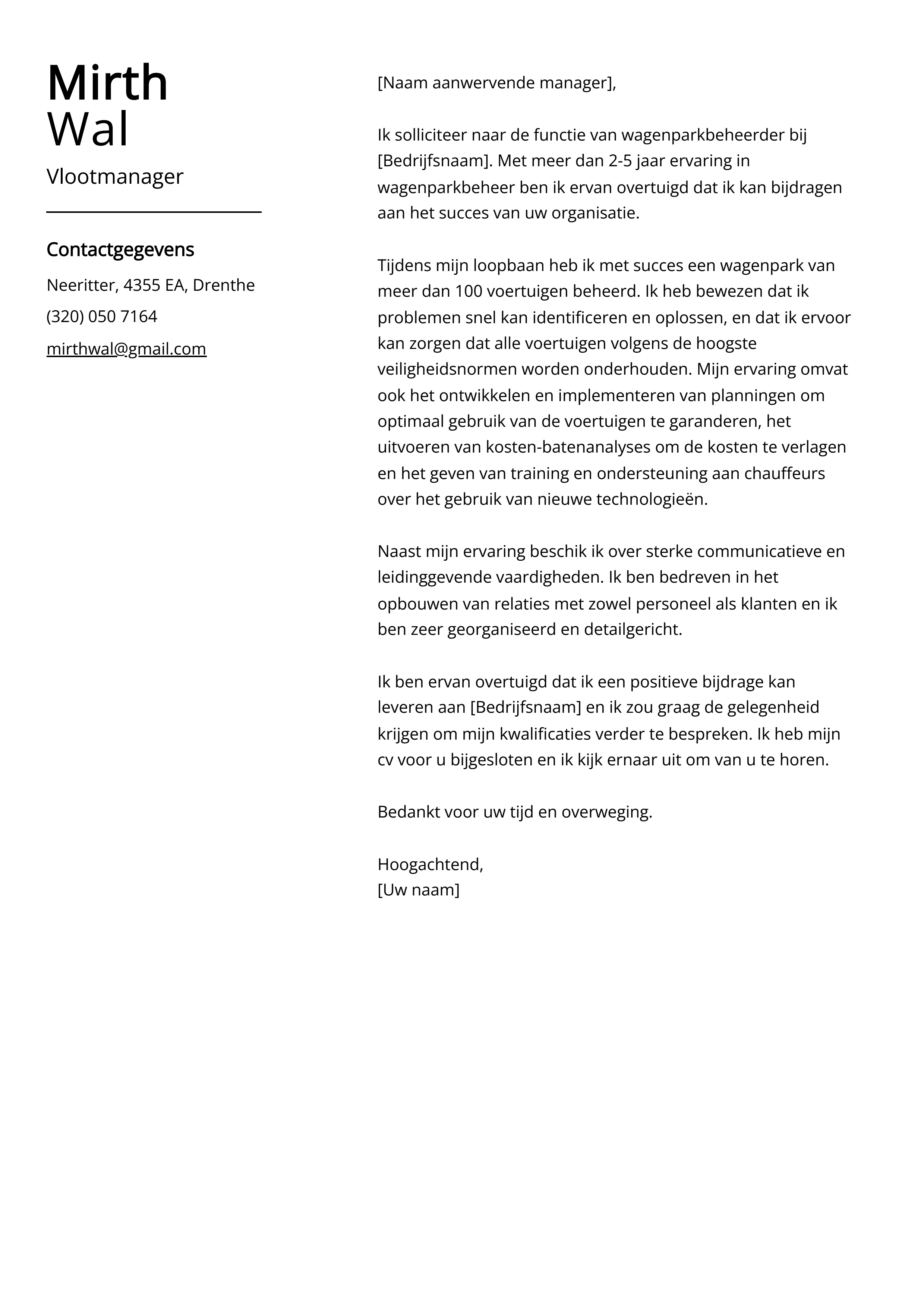 Vlootmanager Sollicitatiebrief Voorbeeld