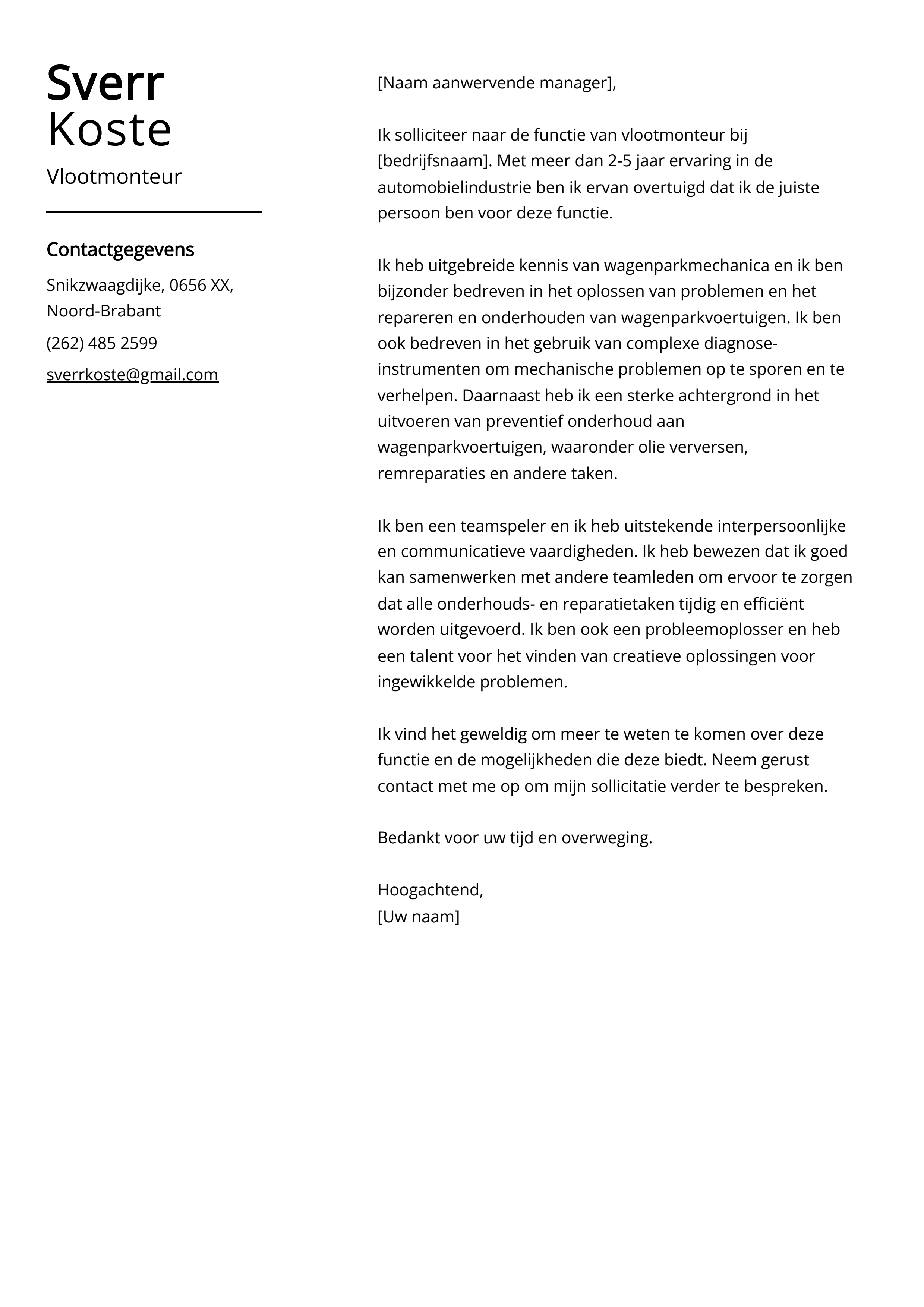 Vlootmonteur Sollicitatiebrief Voorbeeld