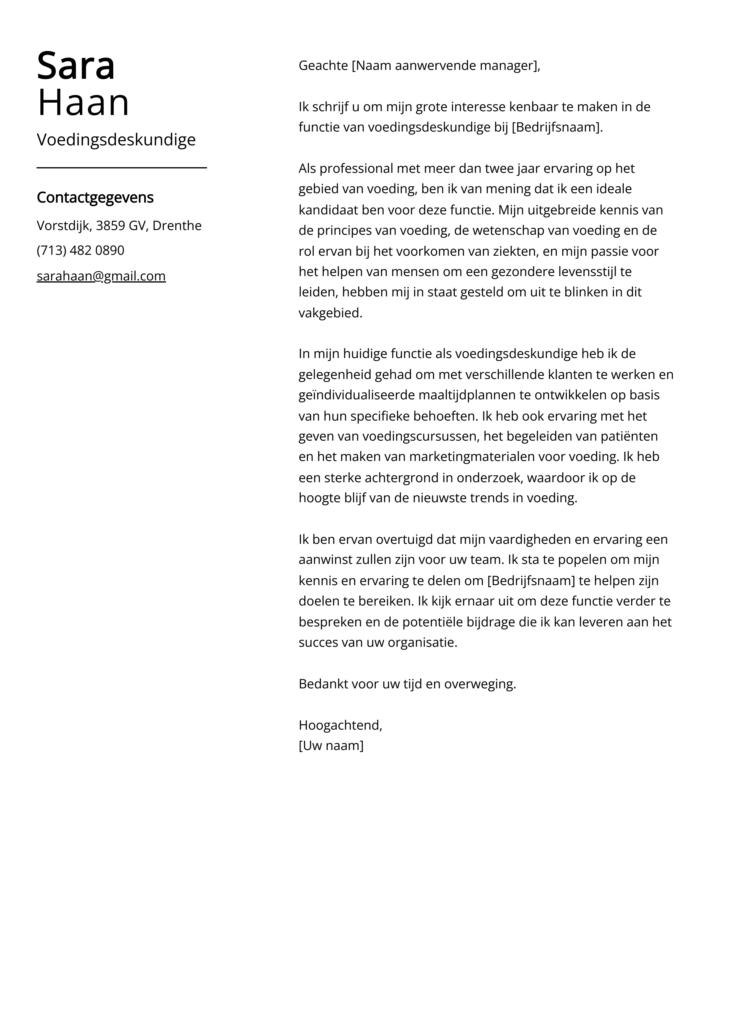 Voedingsdeskundige motivatiebrief voorbeeld