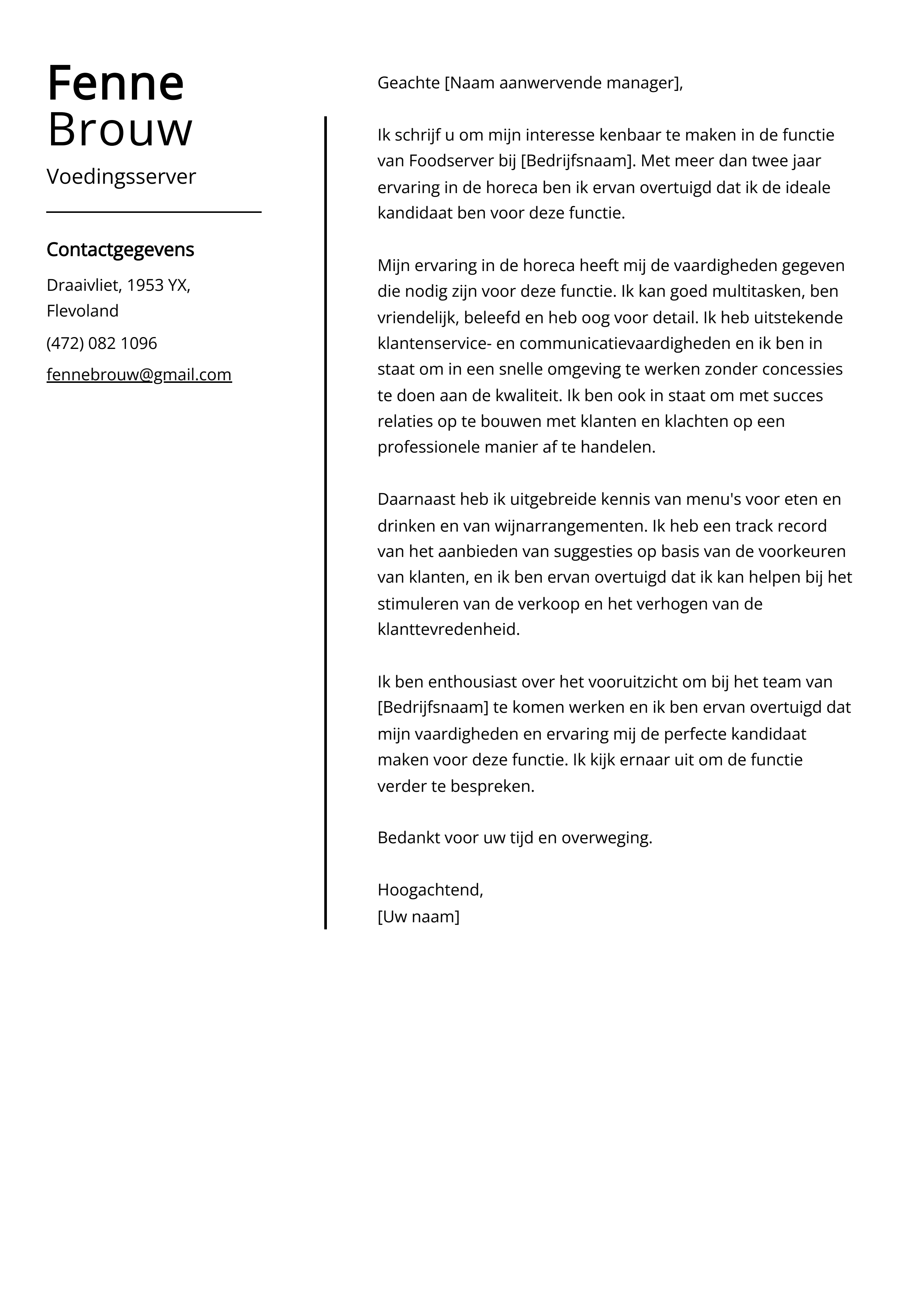 Voedingsserver sollicitatiebrief voorbeeld