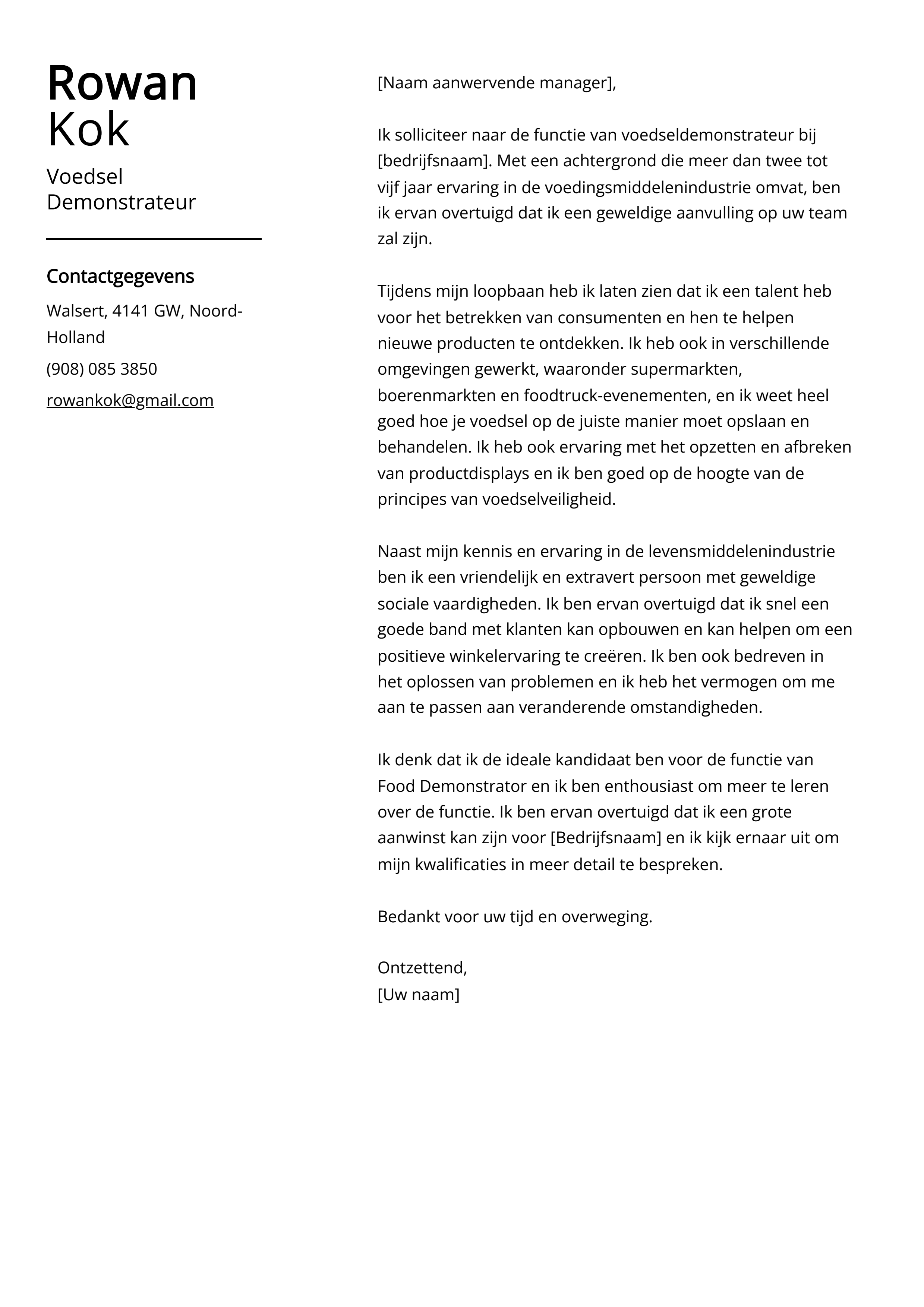 Voedsel Demonstrateur Voorbeeld sollicitatiebrief