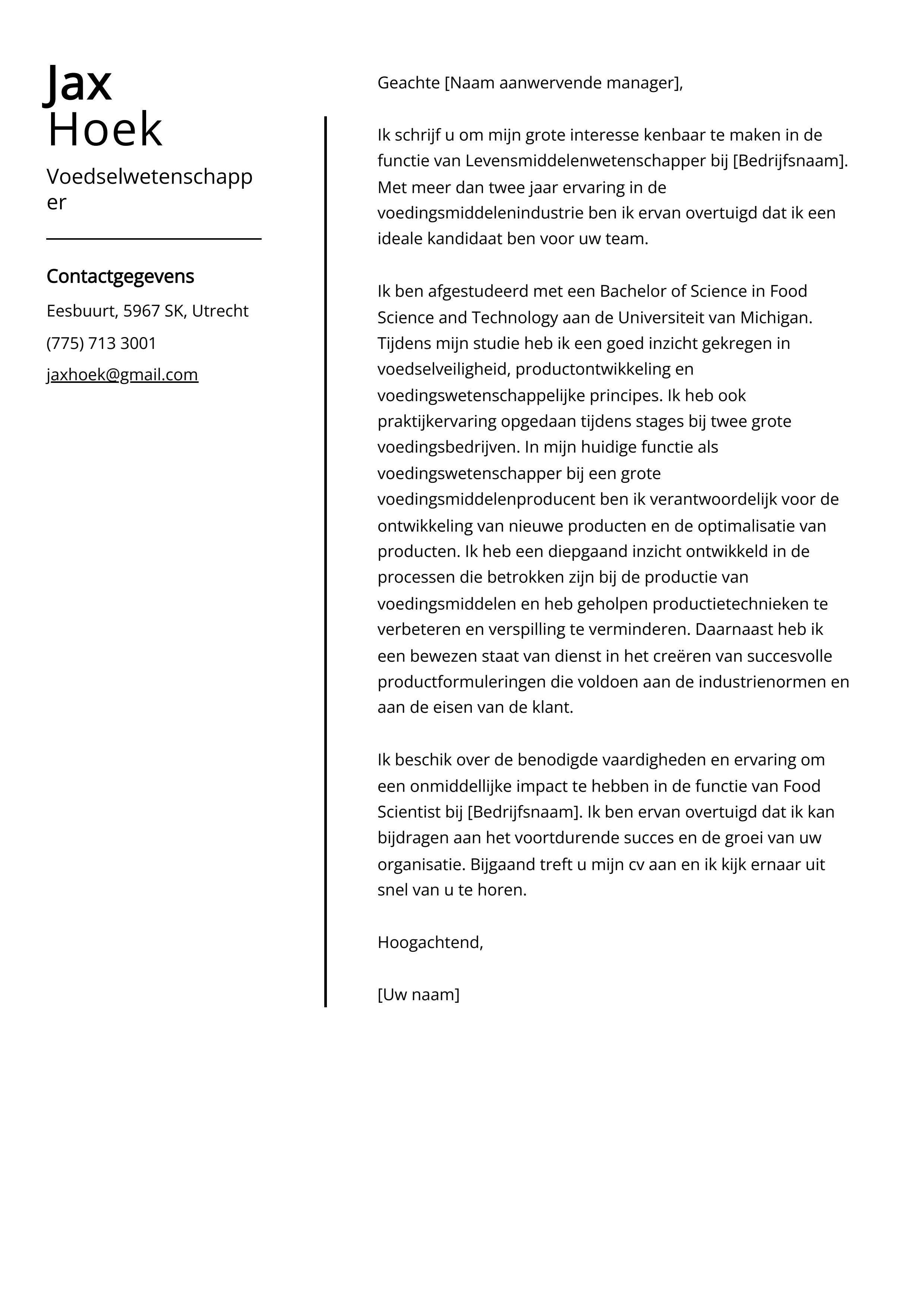 Voedselwetenschapper Sollicitatiebrief Voorbeeld