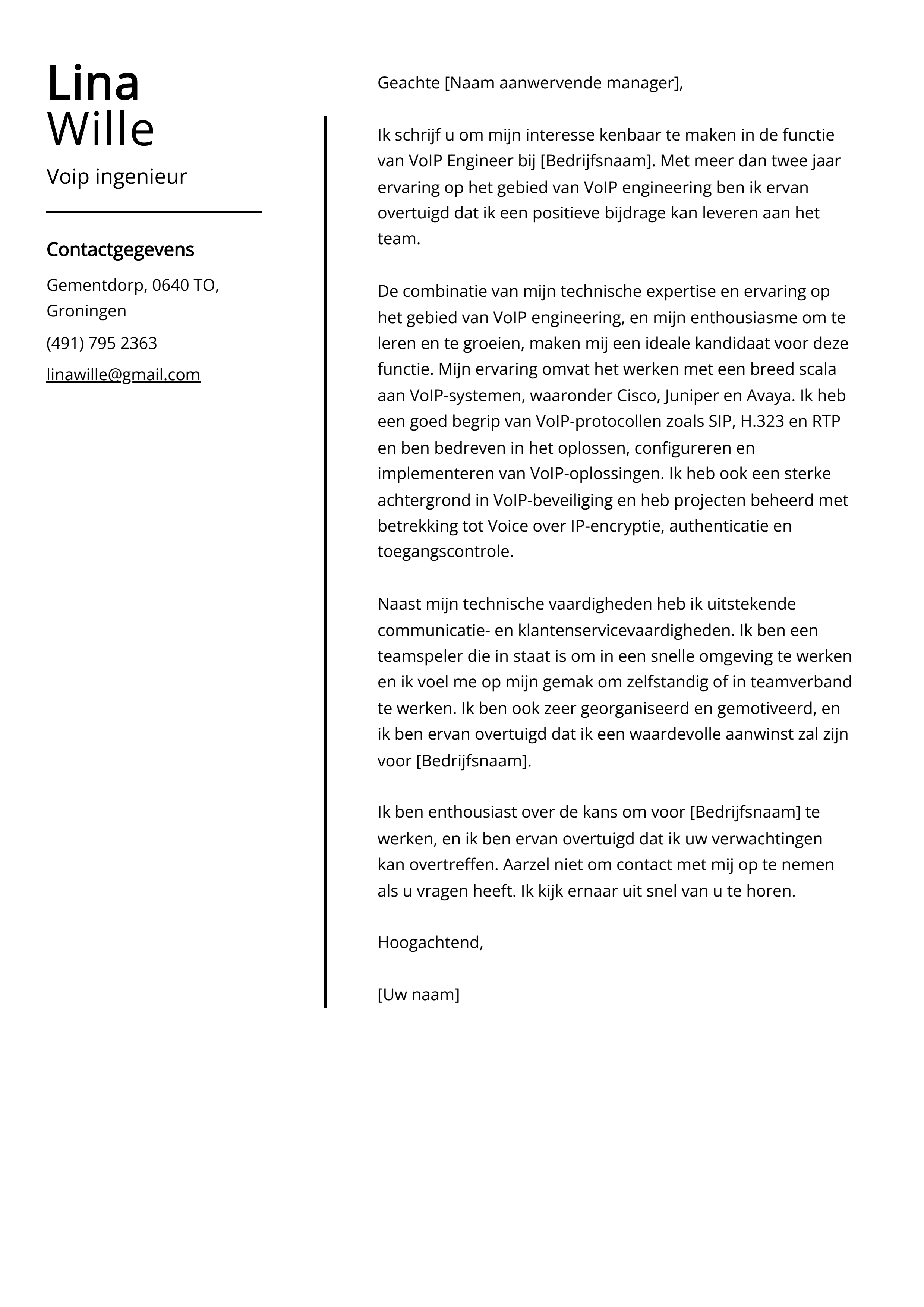 Voip ingenieur sollicitatiebrief voorbeeld