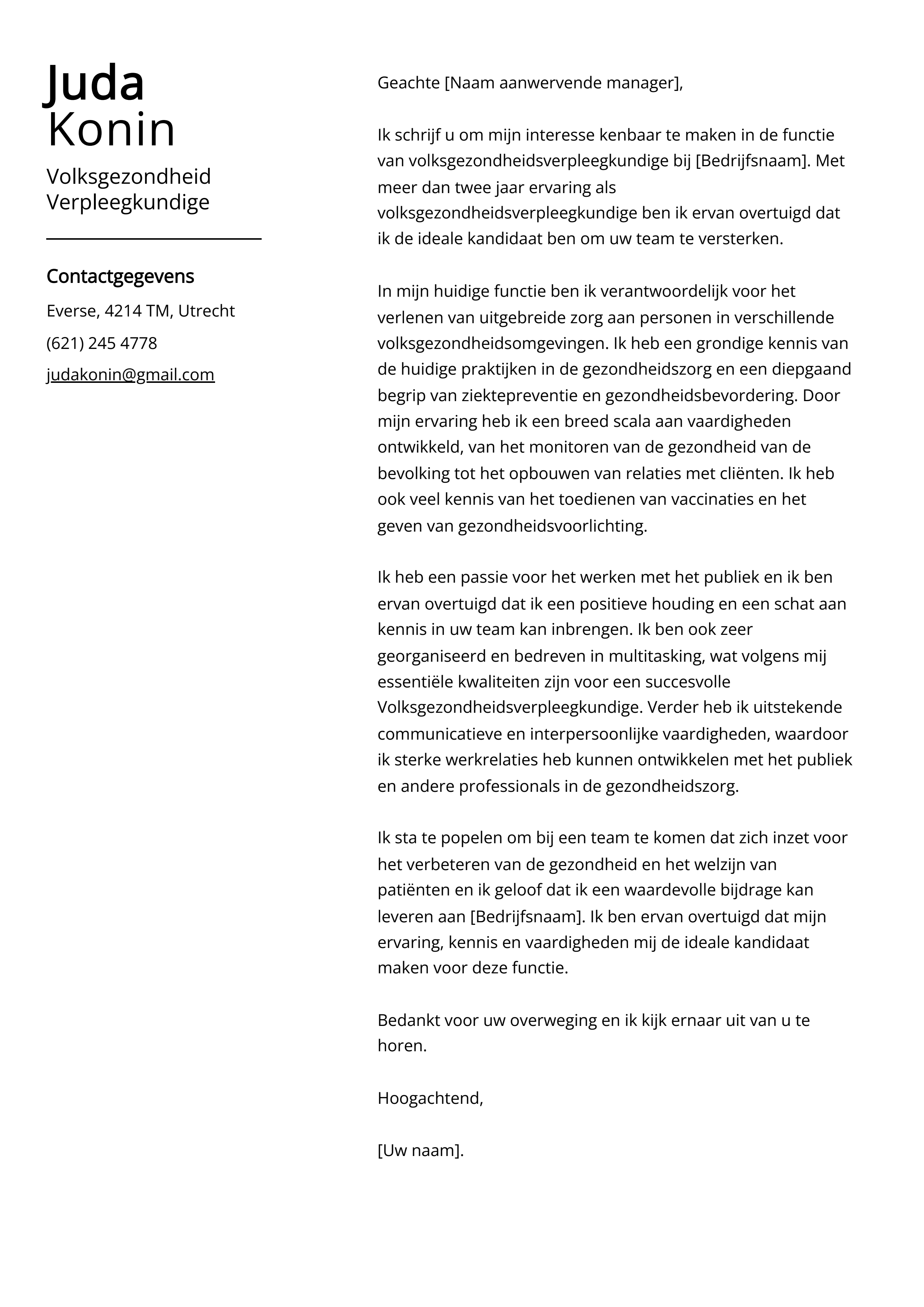 Volksgezondheid Verpleegkundige Voorbeeld Cover Letter