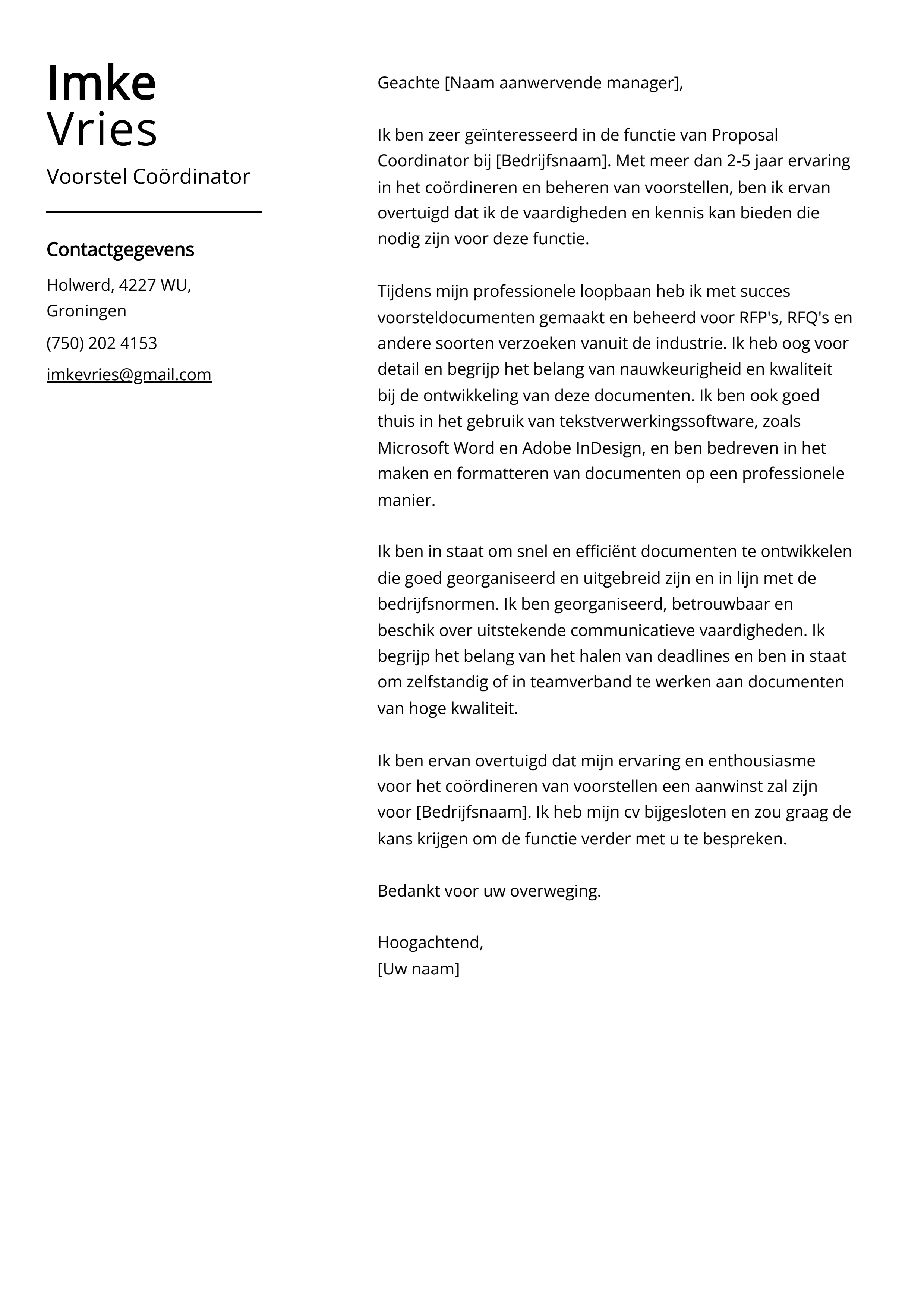 Voorstel Coördinator Voorbeeld sollicitatiebrief