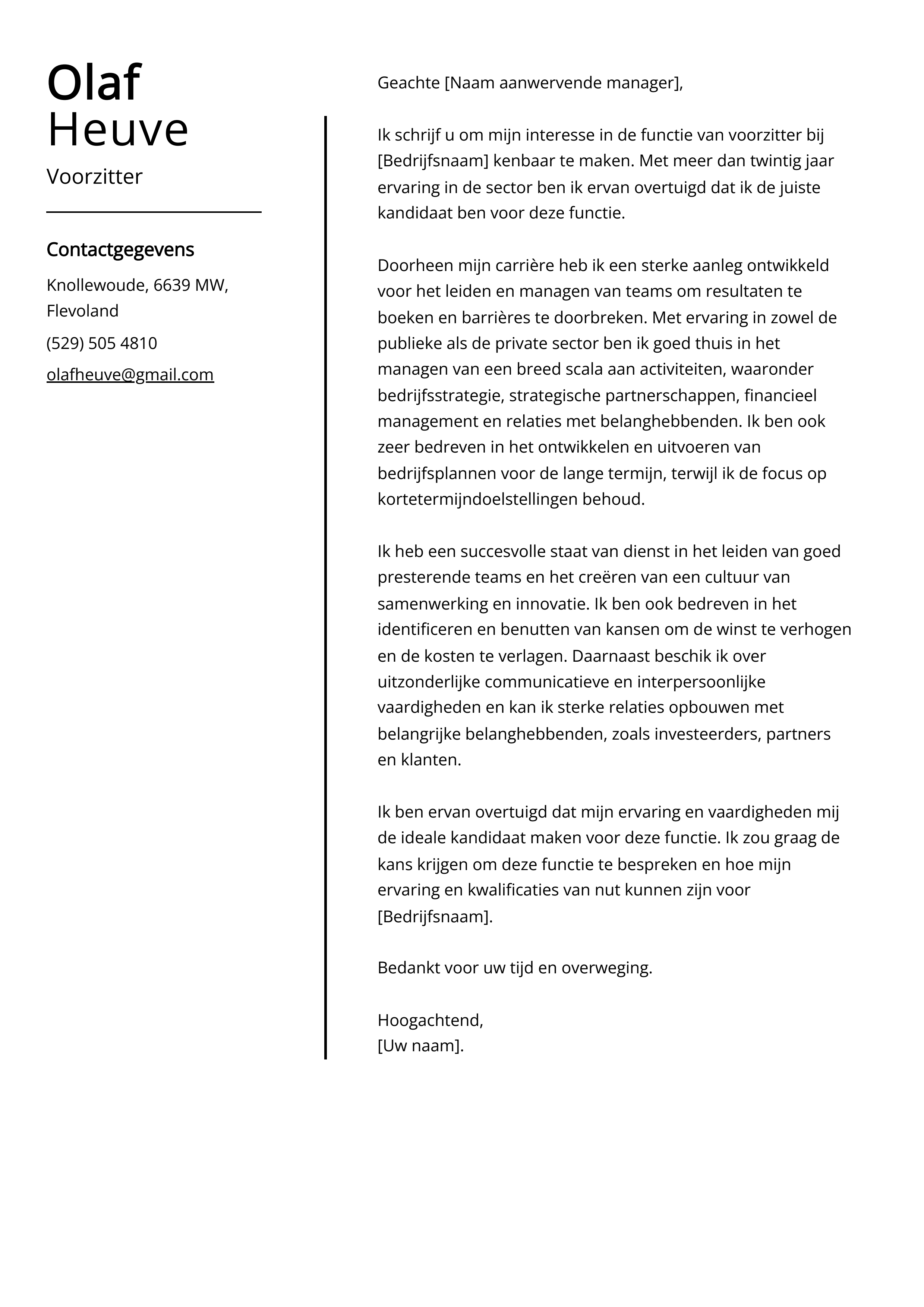 Voorzitter Sollicitatiebrief Voorbeeld