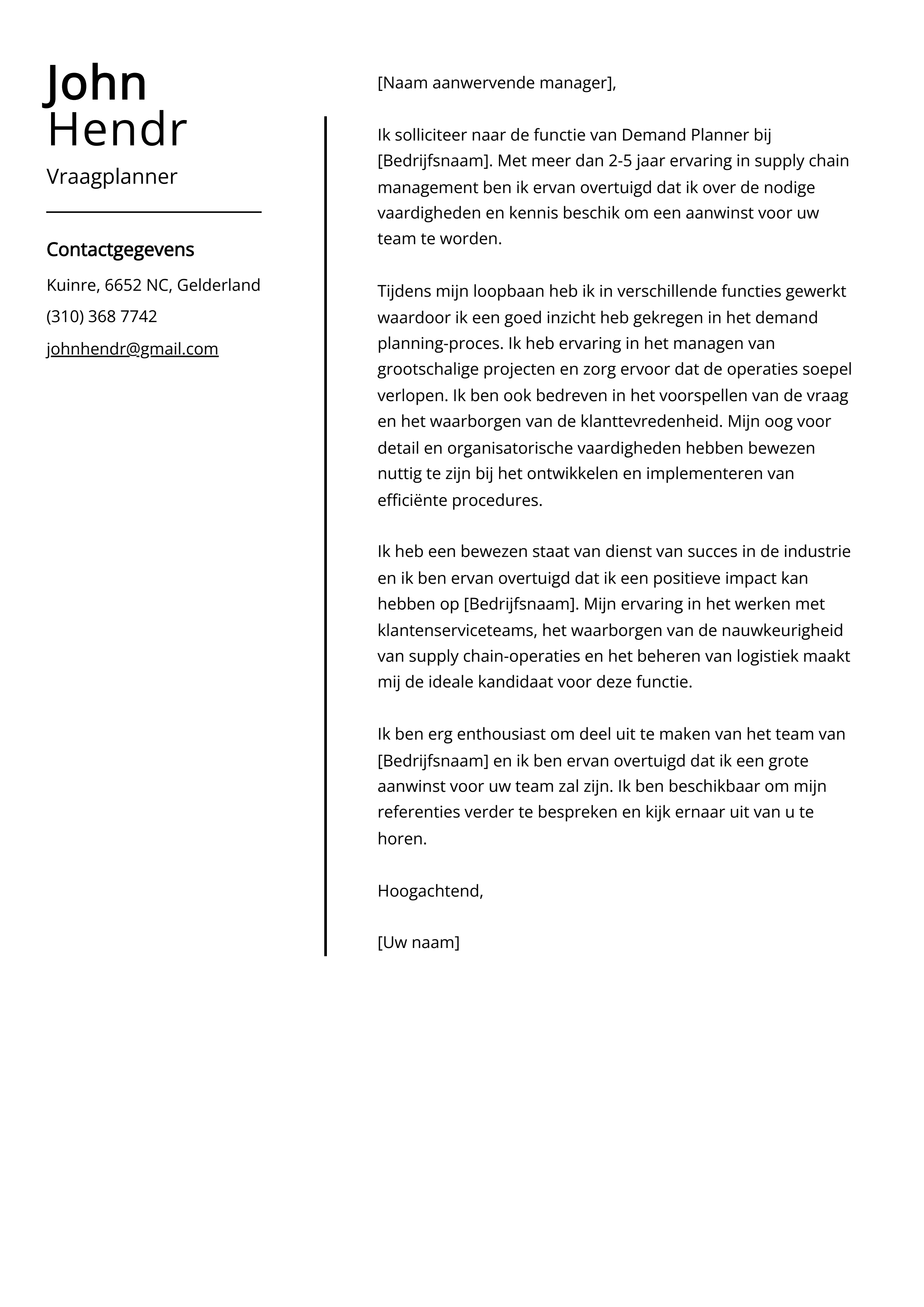 Vraagplanner Sollicitatiebrief Voorbeeld