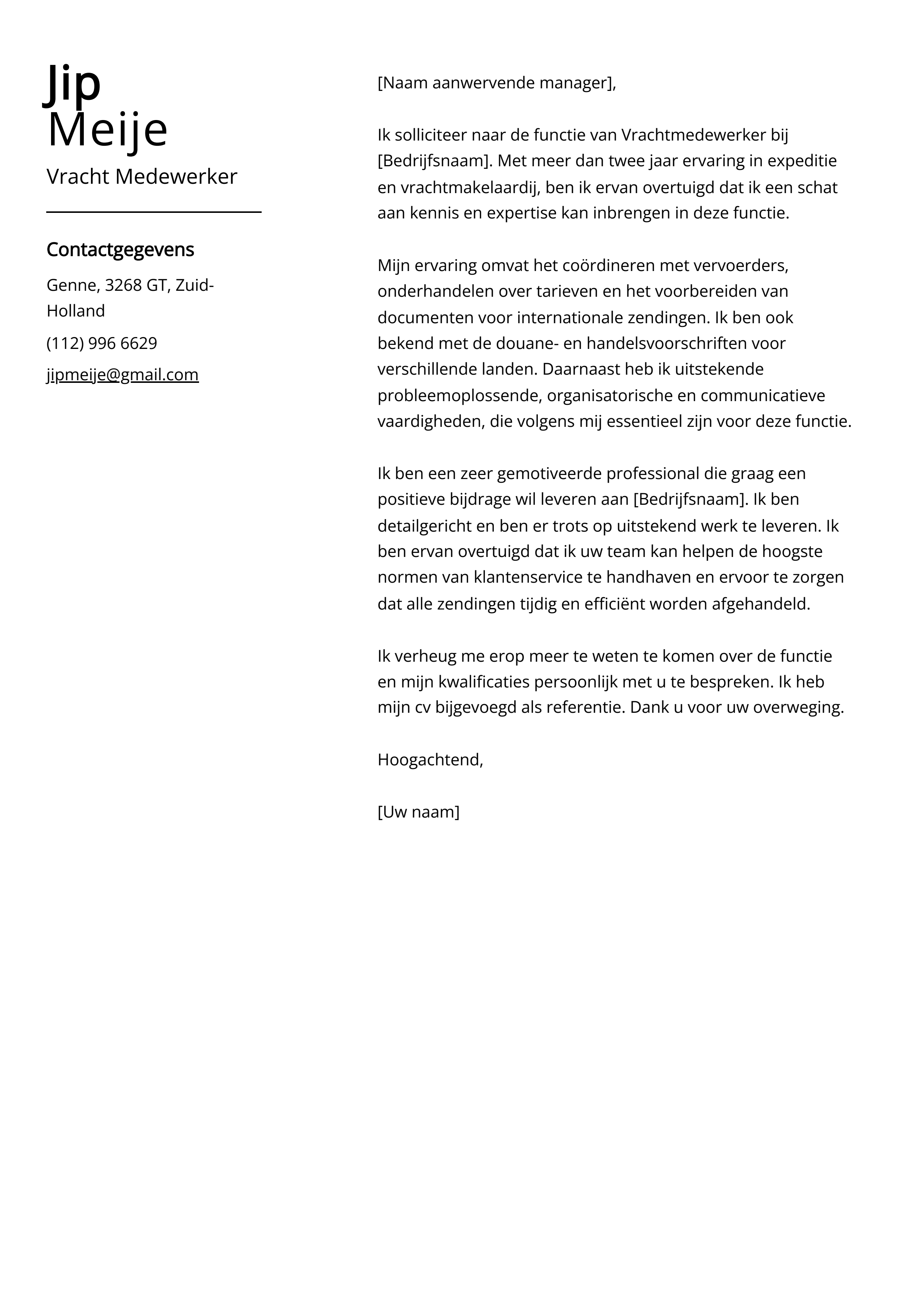 Vracht Medewerker Sollicitatiebrief Voorbeeld