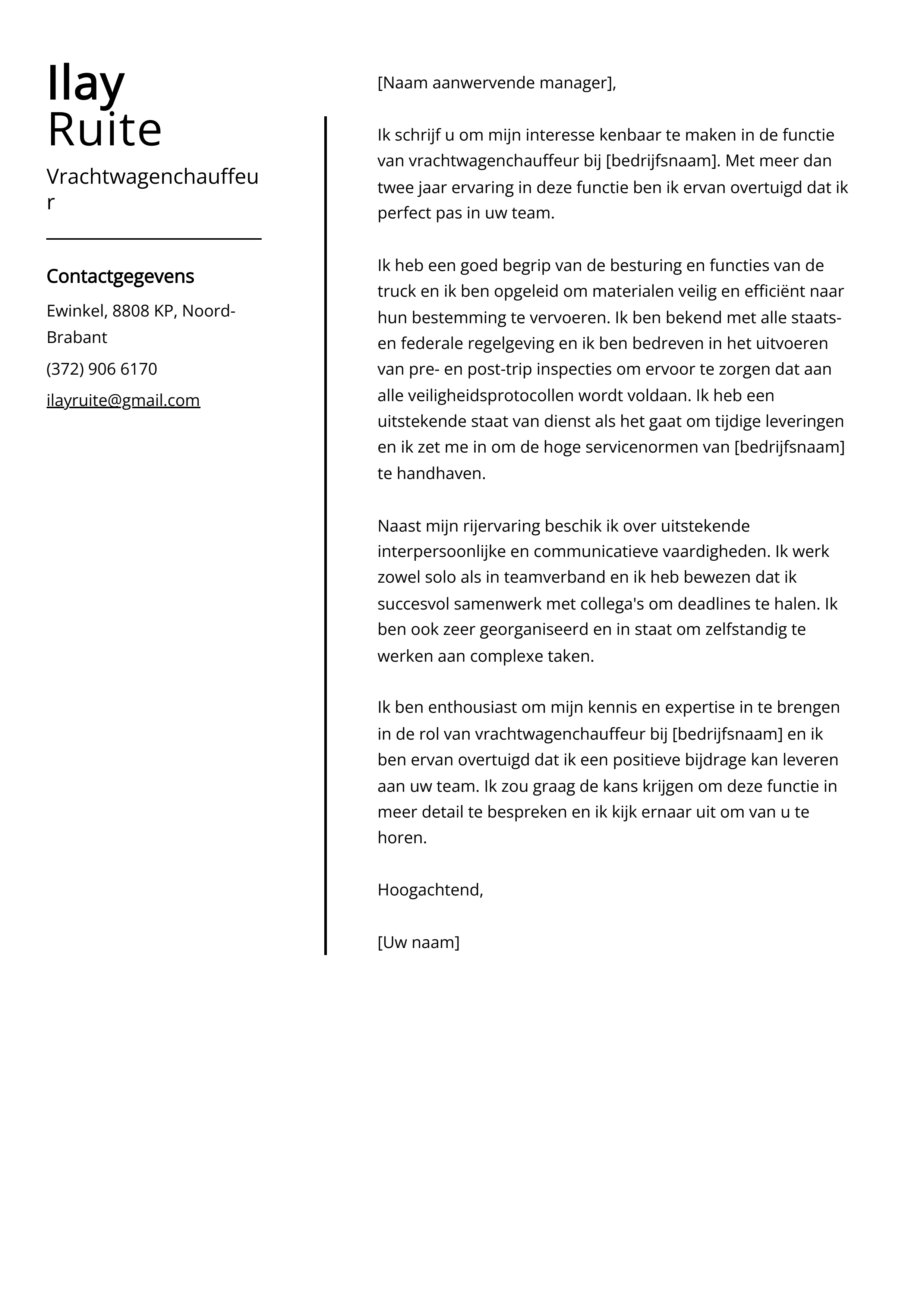 Vrachtwagenchauffeur Voorbeeld sollicitatiebrief