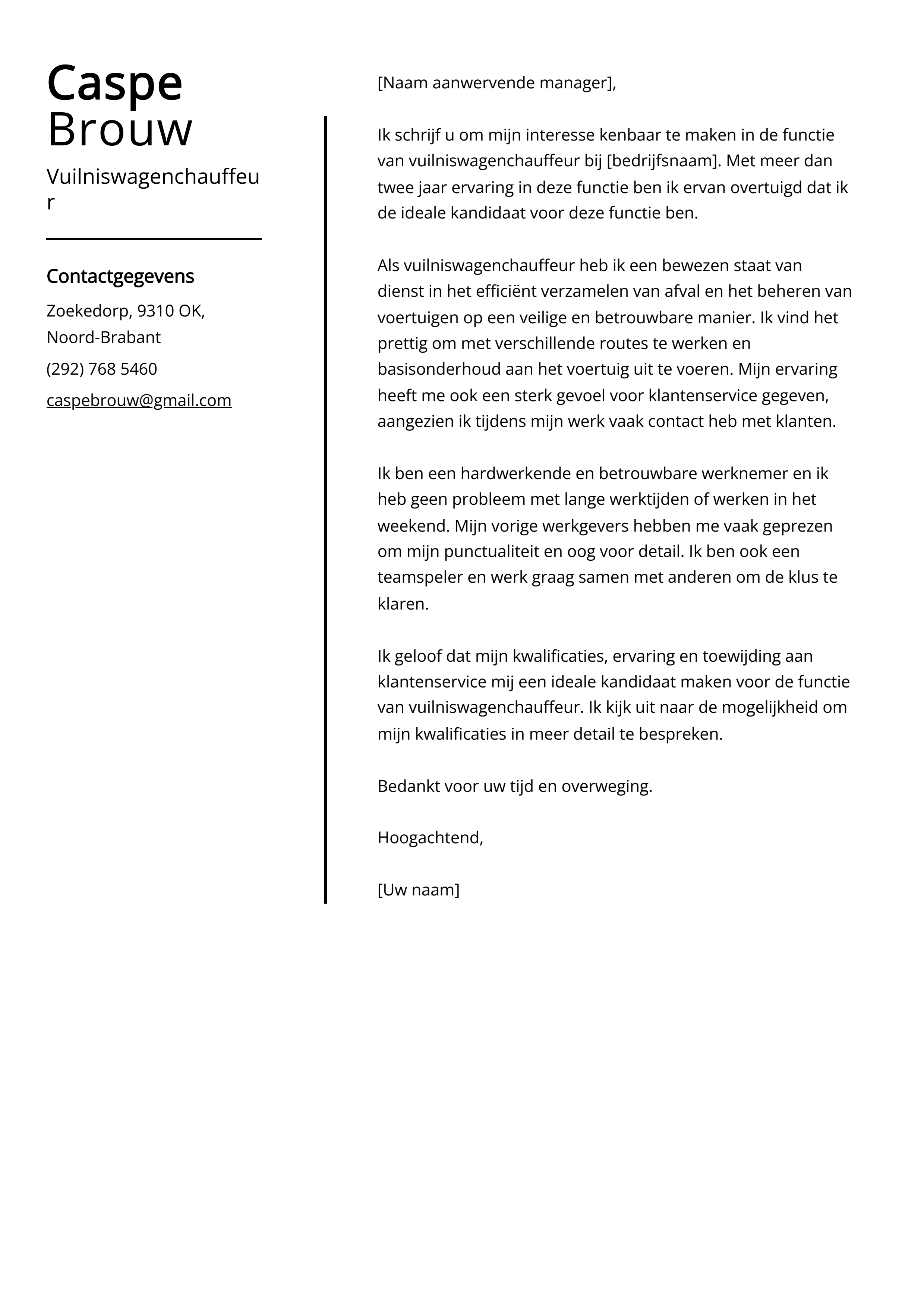 Vuilniswagenchauffeur Voorbeeld sollicitatiebrief