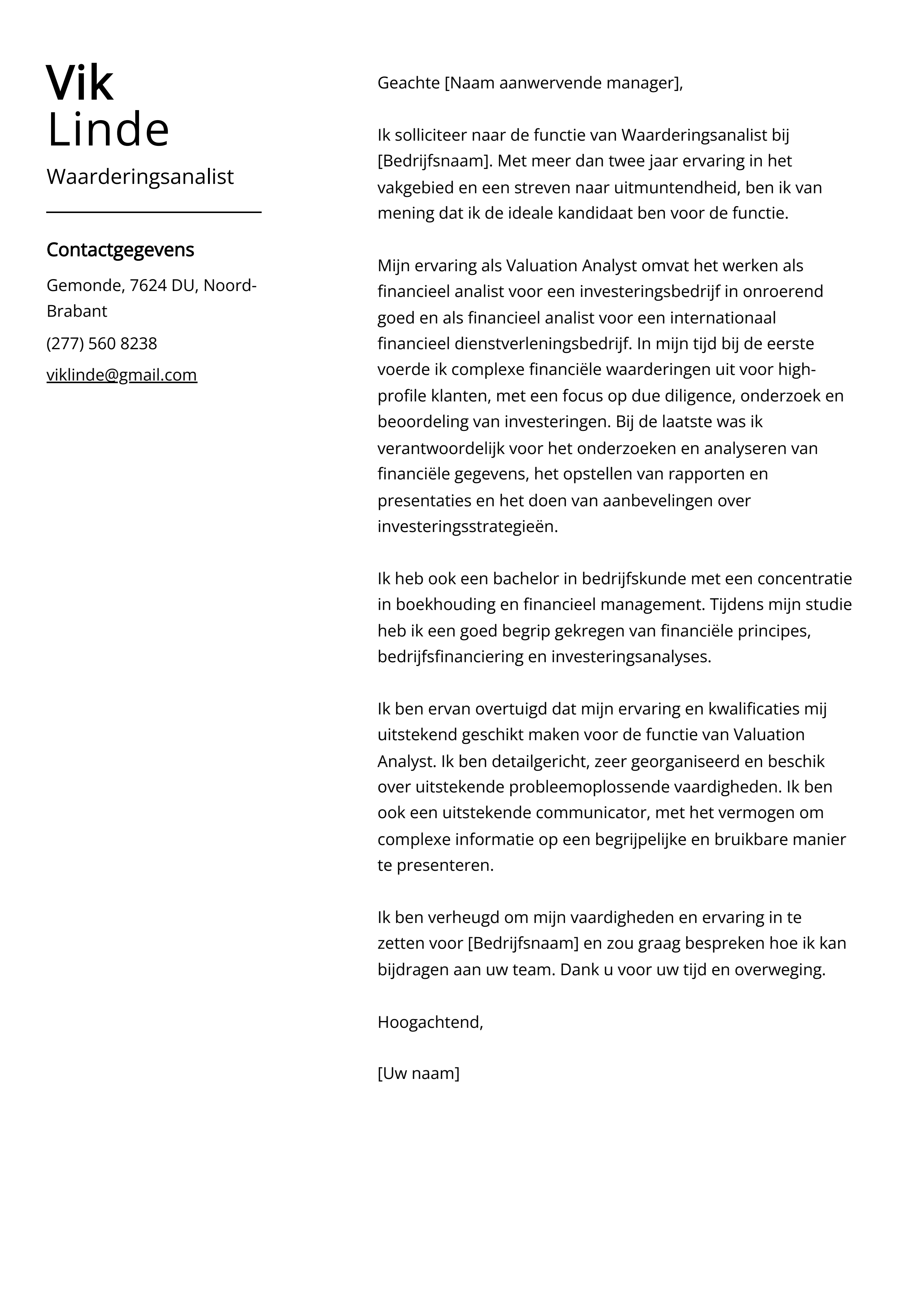 Waarderingsanalist Voorbeeld sollicitatiebrief