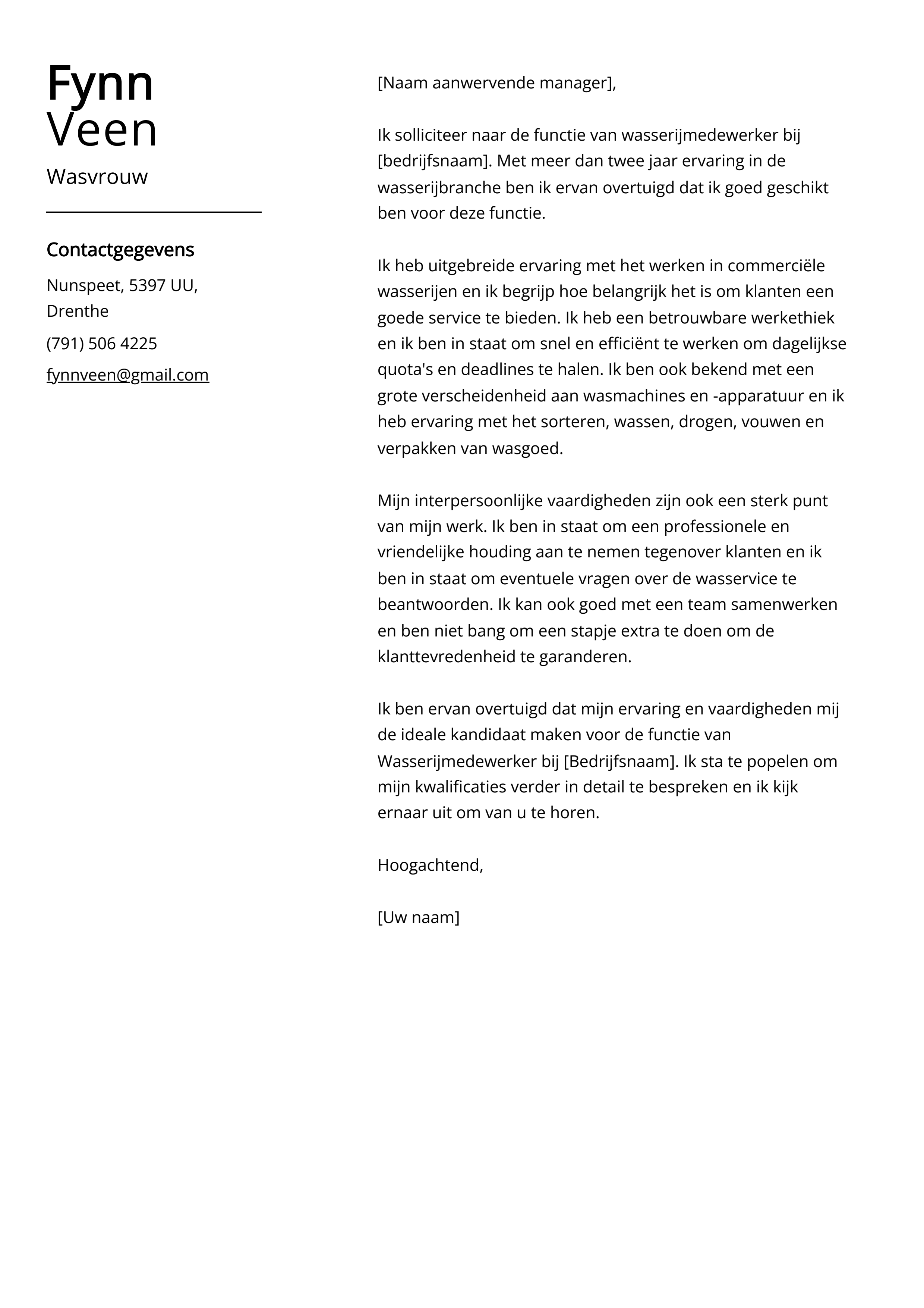 Wasvrouw Sollicitatiebrief Voorbeeld