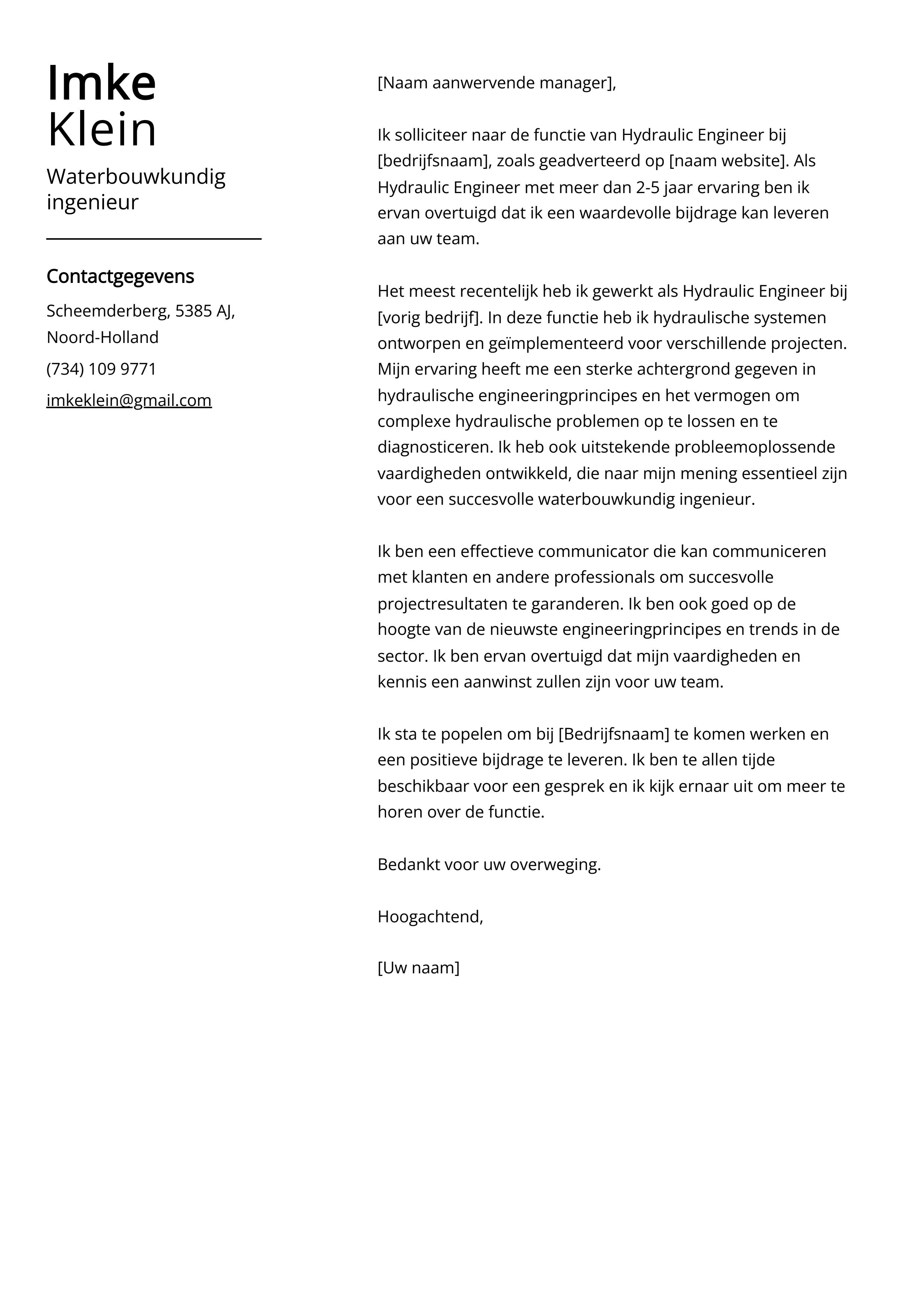 Waterbouwkundig ingenieur Sollicitatiebrief Voorbeeld