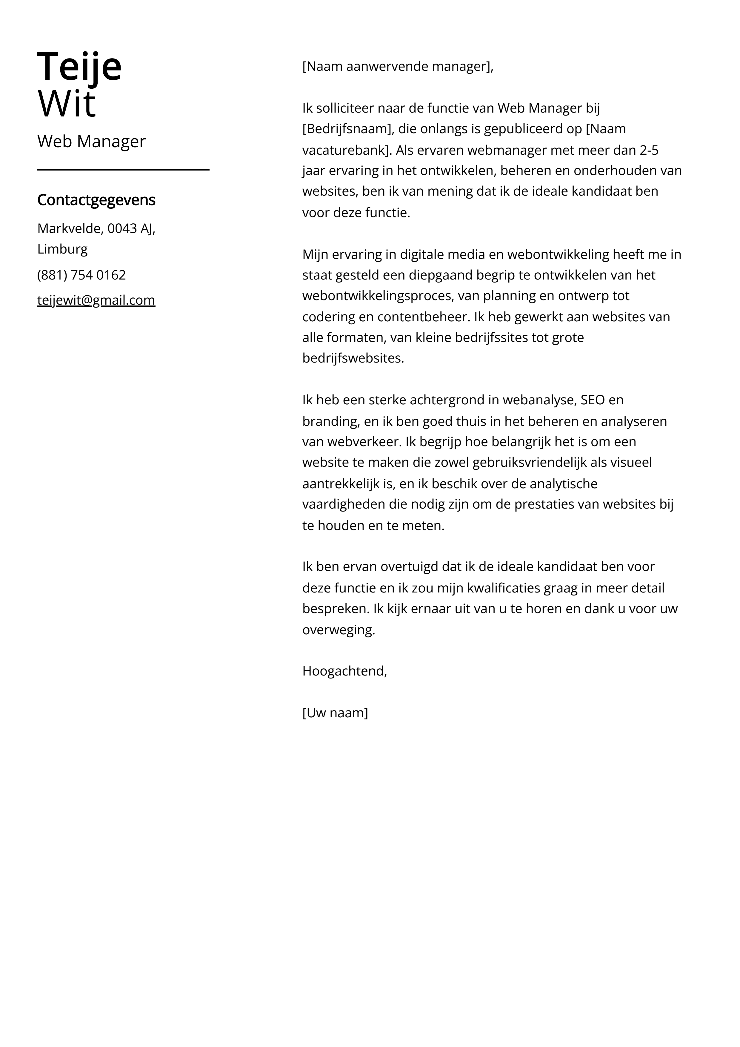 Web Manager Voorbeeld sollicitatiebrief