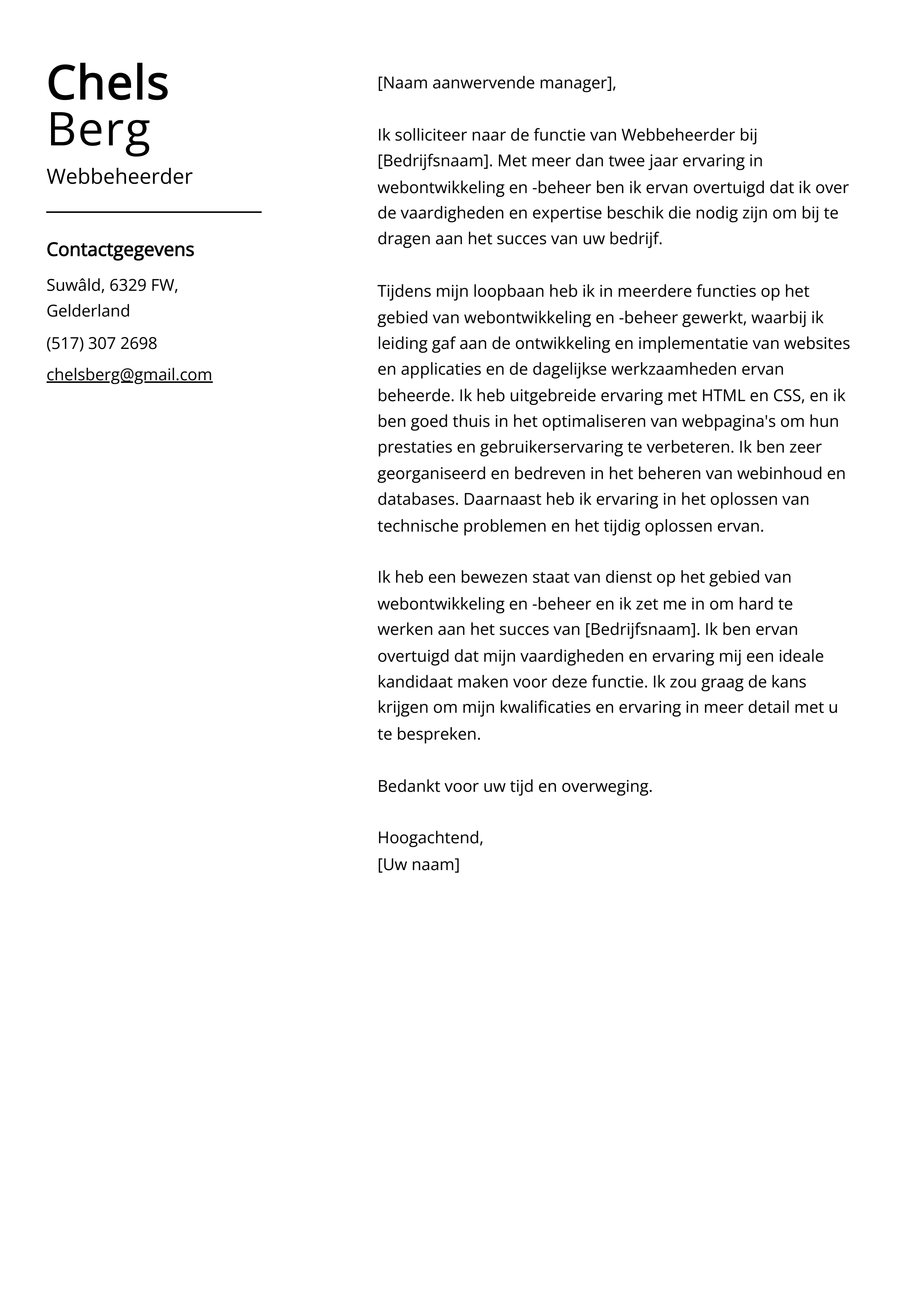 Webbeheerder Sollicitatiebrief Voorbeeld