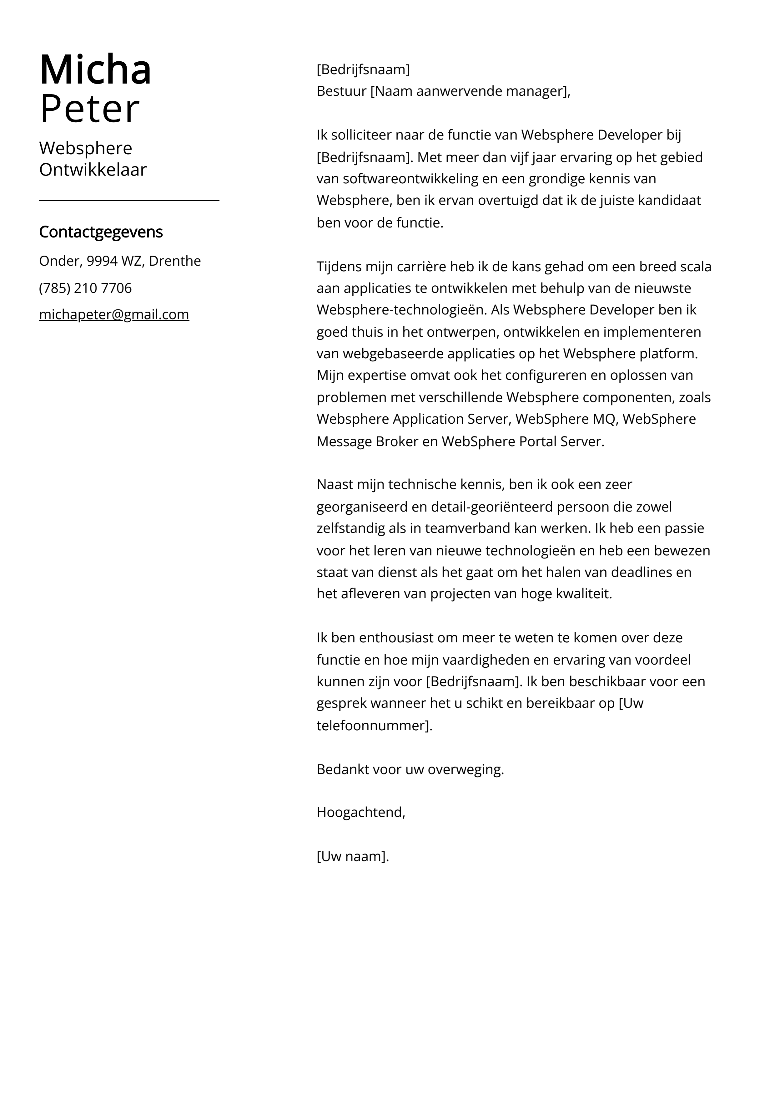 Websphere Ontwikkelaar Voorbeeld sollicitatiebrief