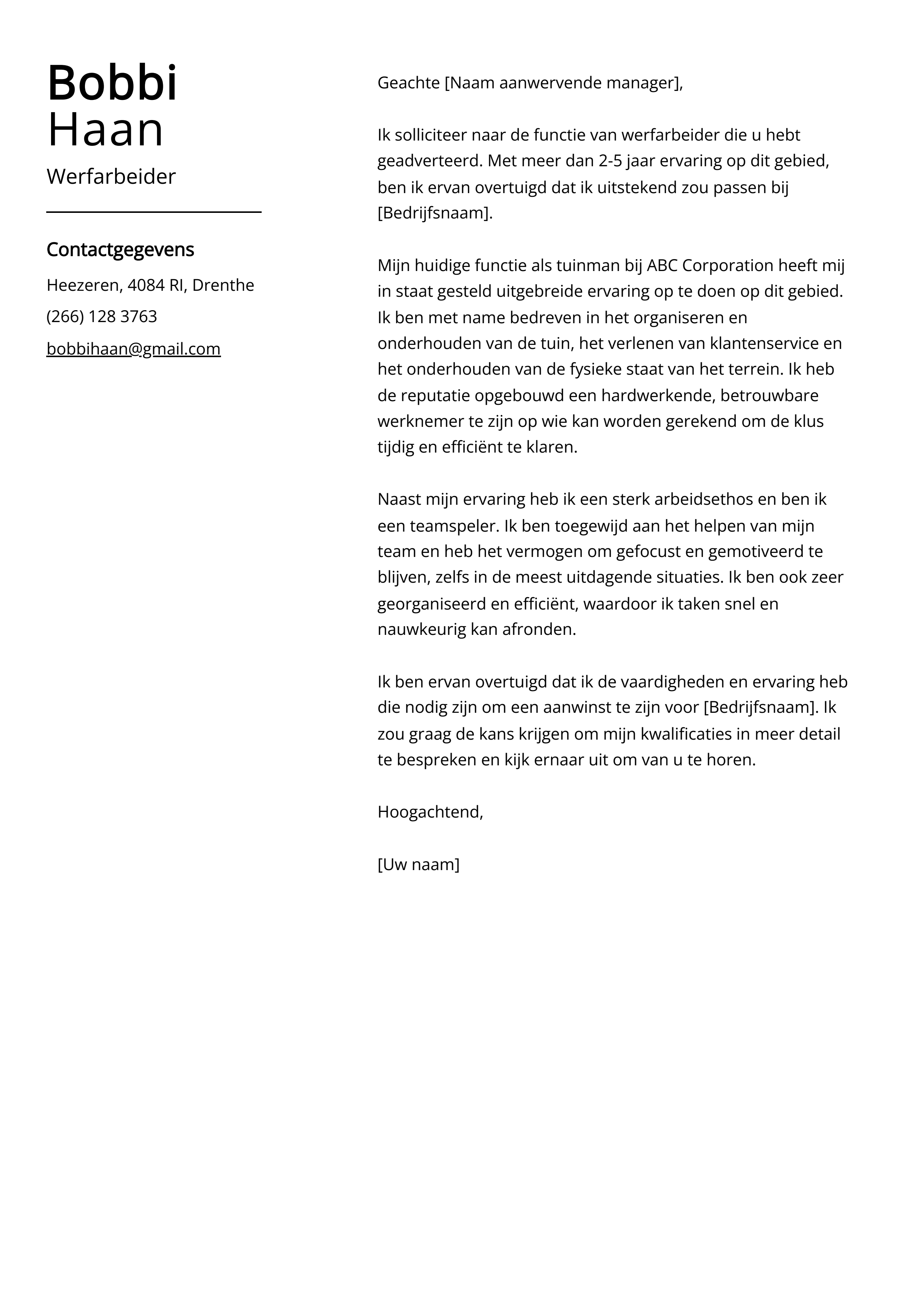 Werfarbeider sollicitatiebrief voorbeeld