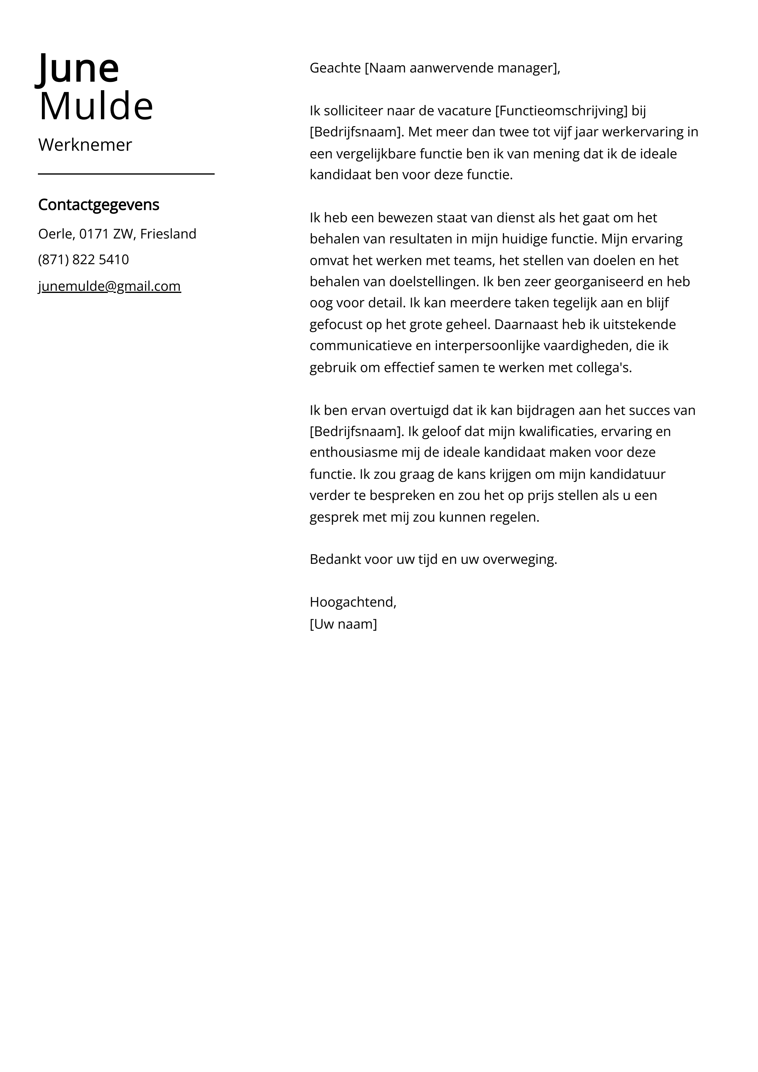 Werknemer Sollicitatiebrief Voorbeeld