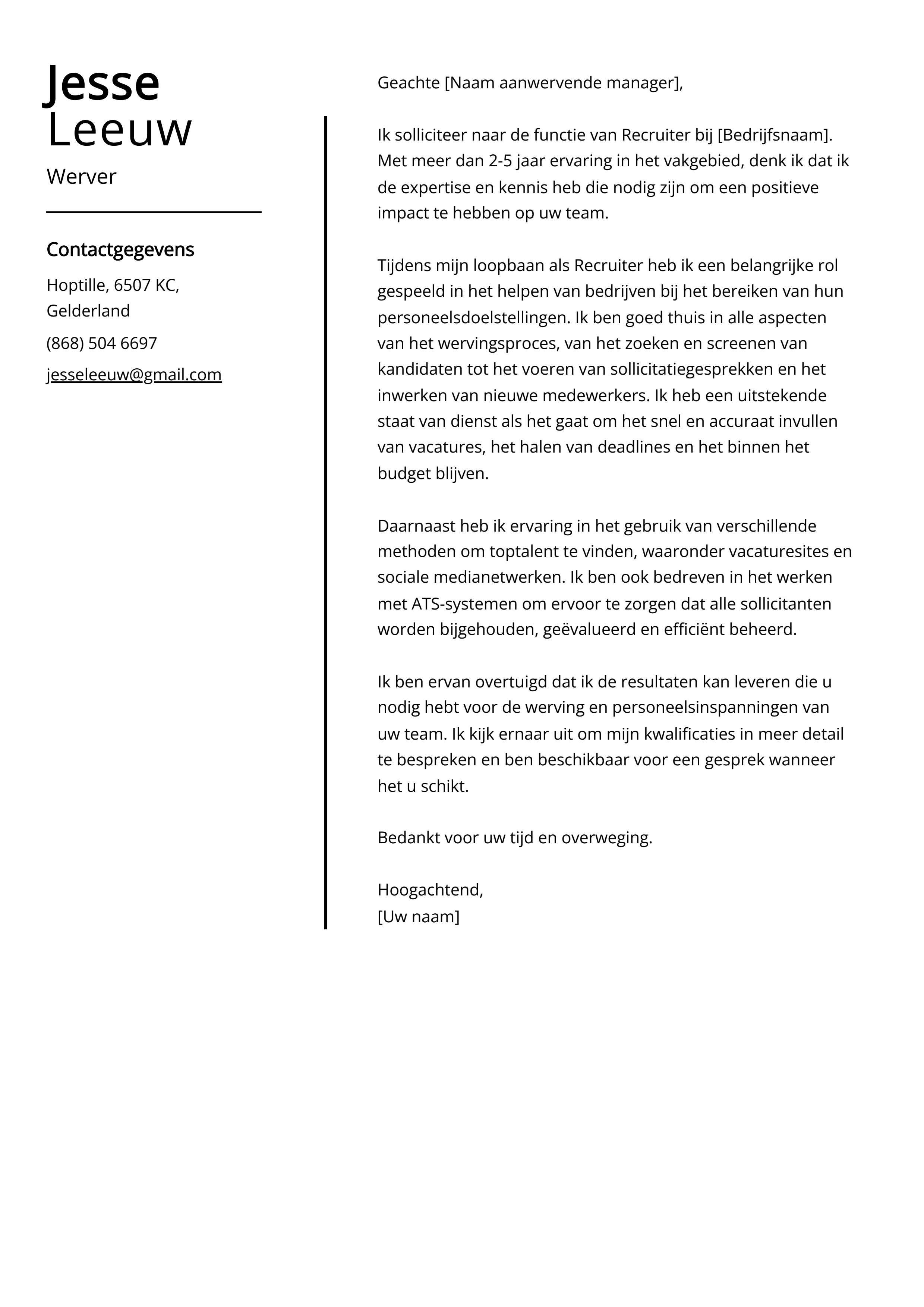 Werver sollicitatiebrief voorbeeld